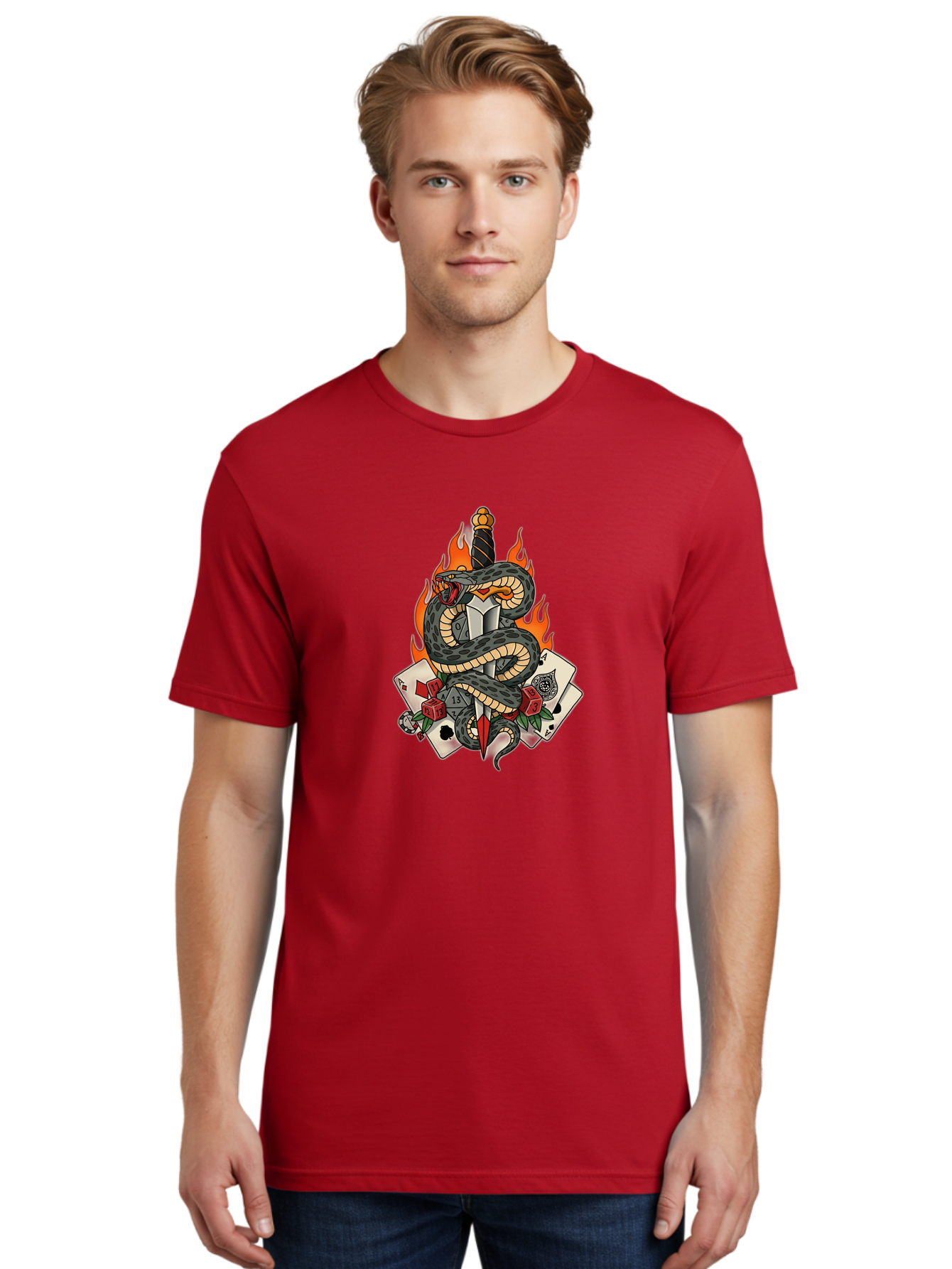 Snake-Dagger-Tattoo Men'S Graphic Tee, 100% Cotton, Comfortable Casual Summer Wear, Machine Washable, Snake Wrapped Dagger, Playing Cards, Red Dice, Skull, Flames, Tattoo Art, Traditional Tattoo, Bold Lines, Vibrant Colors, Dagger With Snake, Bad651