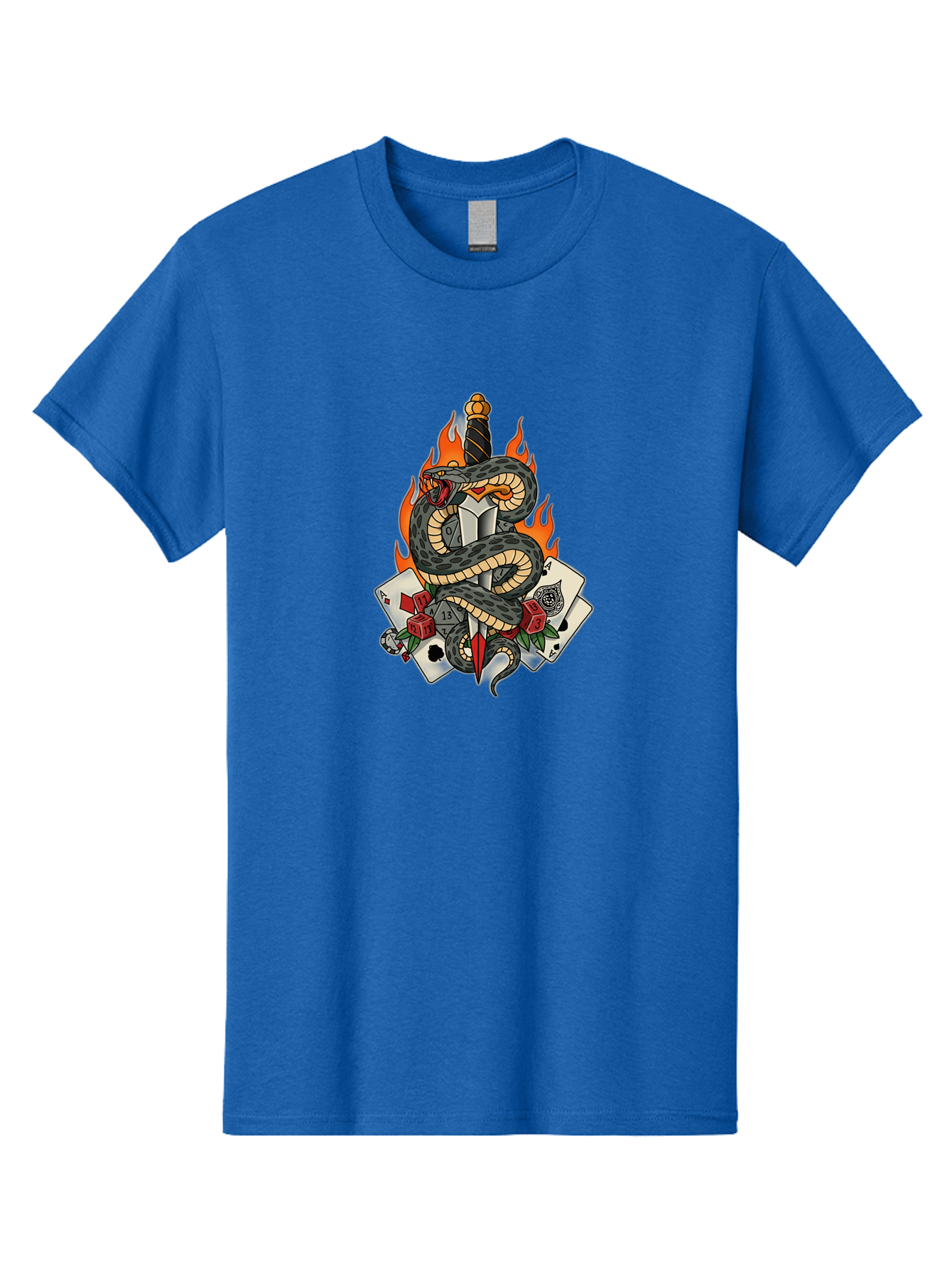 Snake-Dagger-Tattoo Men'S Graphic Tee, 100% Cotton, Comfortable Casual Summer Wear, Machine Washable, Snake Wrapped Dagger, Playing Cards, Red Dice, Skull, Flames, Tattoo Art, Traditional Tattoo, Bold Lines, Vibrant Colors, Dagger With Snake, Bad651