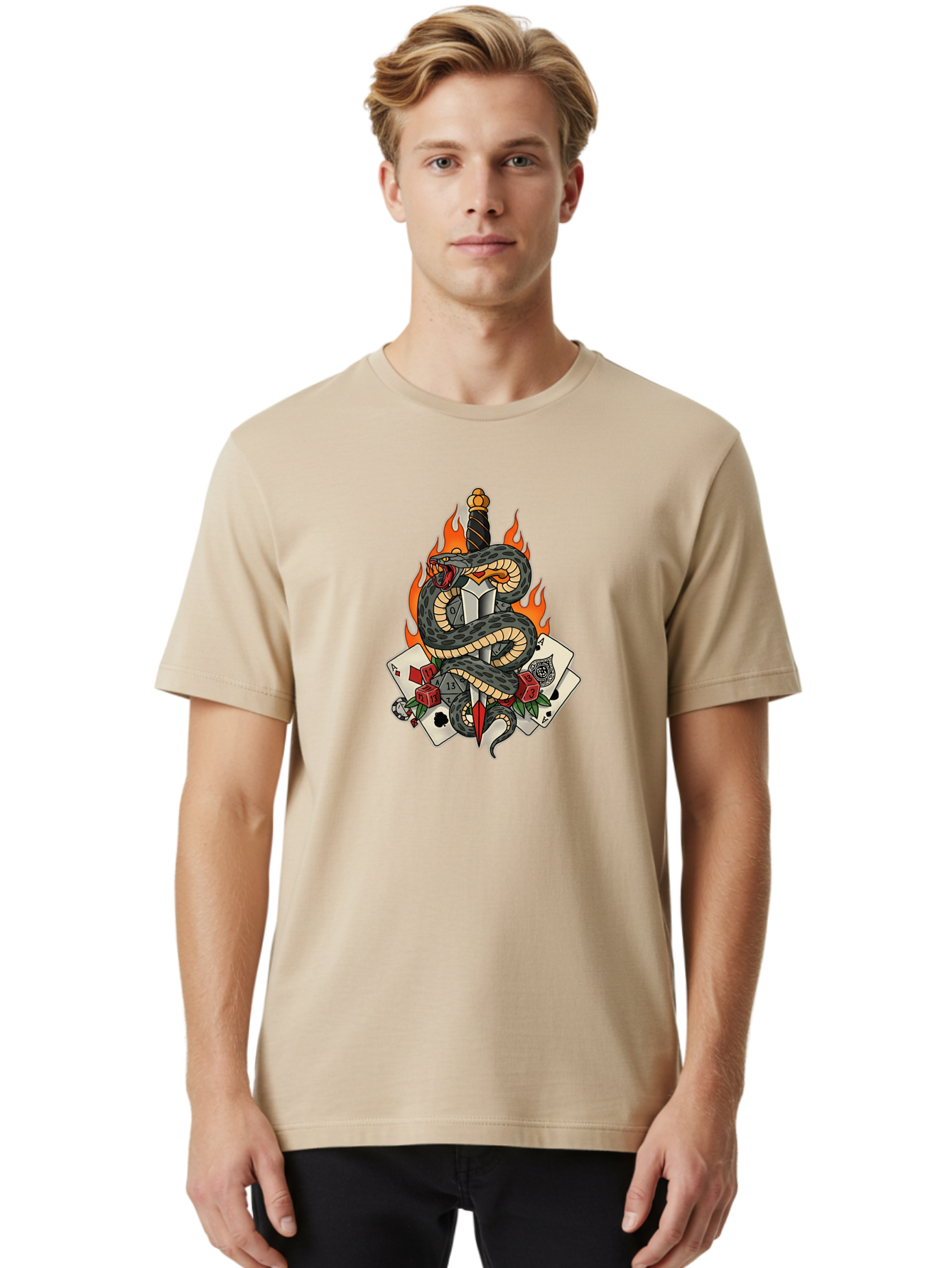 Snake-Dagger-Tattoo Men'S Graphic Tee, 100% Cotton, Comfortable Casual Summer Wear, Machine Washable, Snake Wrapped Dagger, Playing Cards, Red Dice, Skull, Flames, Tattoo Art, Traditional Tattoo, Bold Lines, Vibrant Colors, Dagger With Snake, Bad651