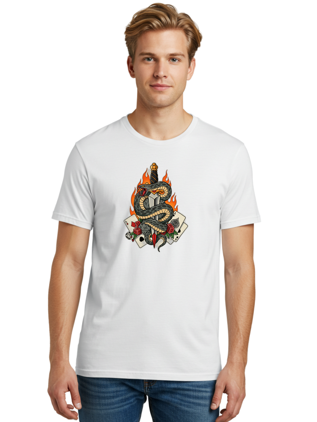 Snake-Dagger-Tattoo Men'S Graphic Tee, 100% Cotton, Comfortable Casual Summer Wear, Machine Washable, Snake Wrapped Dagger, Playing Cards, Red Dice, Skull, Flames, Tattoo Art, Traditional Tattoo, Bold Lines, Vibrant Colors, Dagger With Snake, Bad651