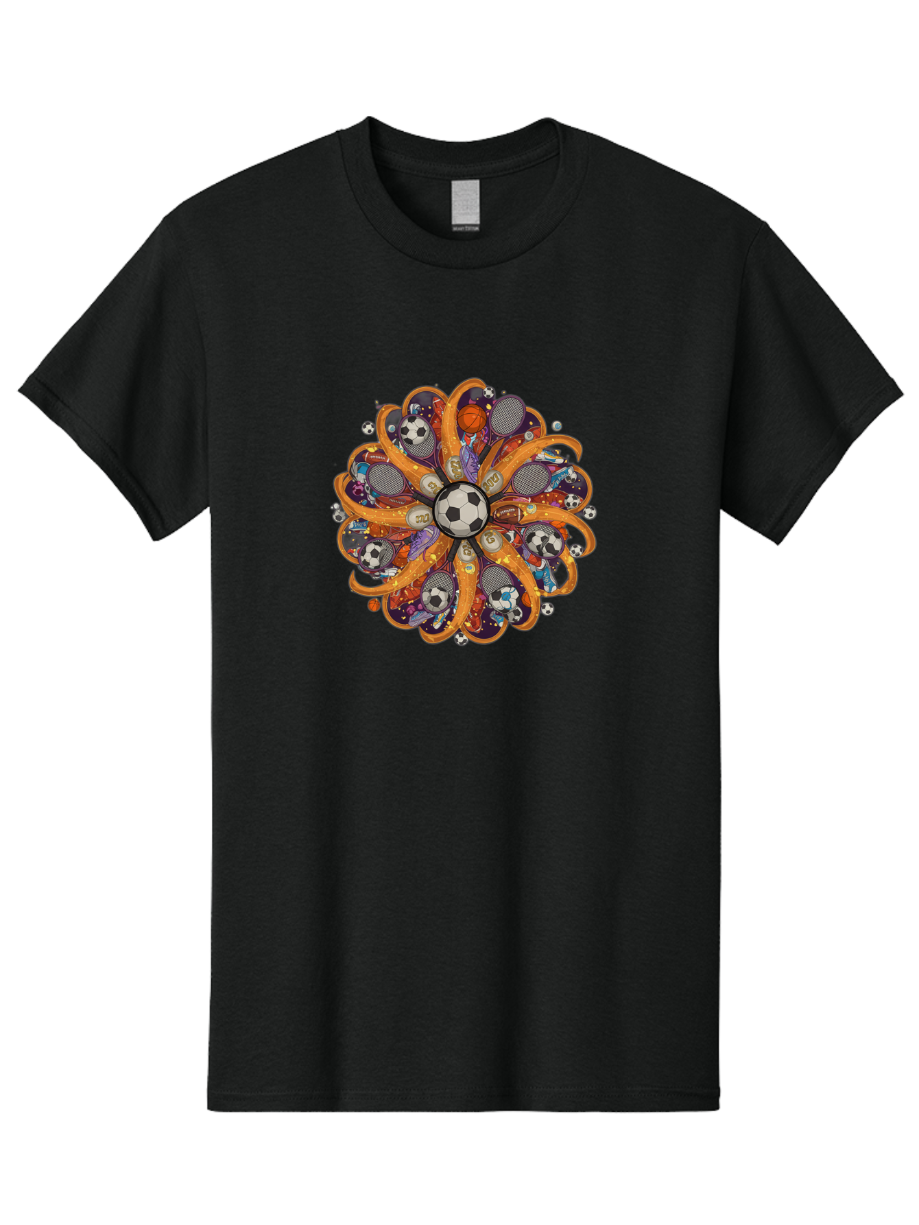 Soccer-Ball-Mandala Men'S Graphic Tee, 100% Cotton, Comfortable Casual Summer Wear, Machine Washable, Soccer Ball, Sports Equipment, Basketballs, Tennis Rackets, Athletic Gear, Vibrant Colors, Dynamic Design, Floral Pattern, Bad654