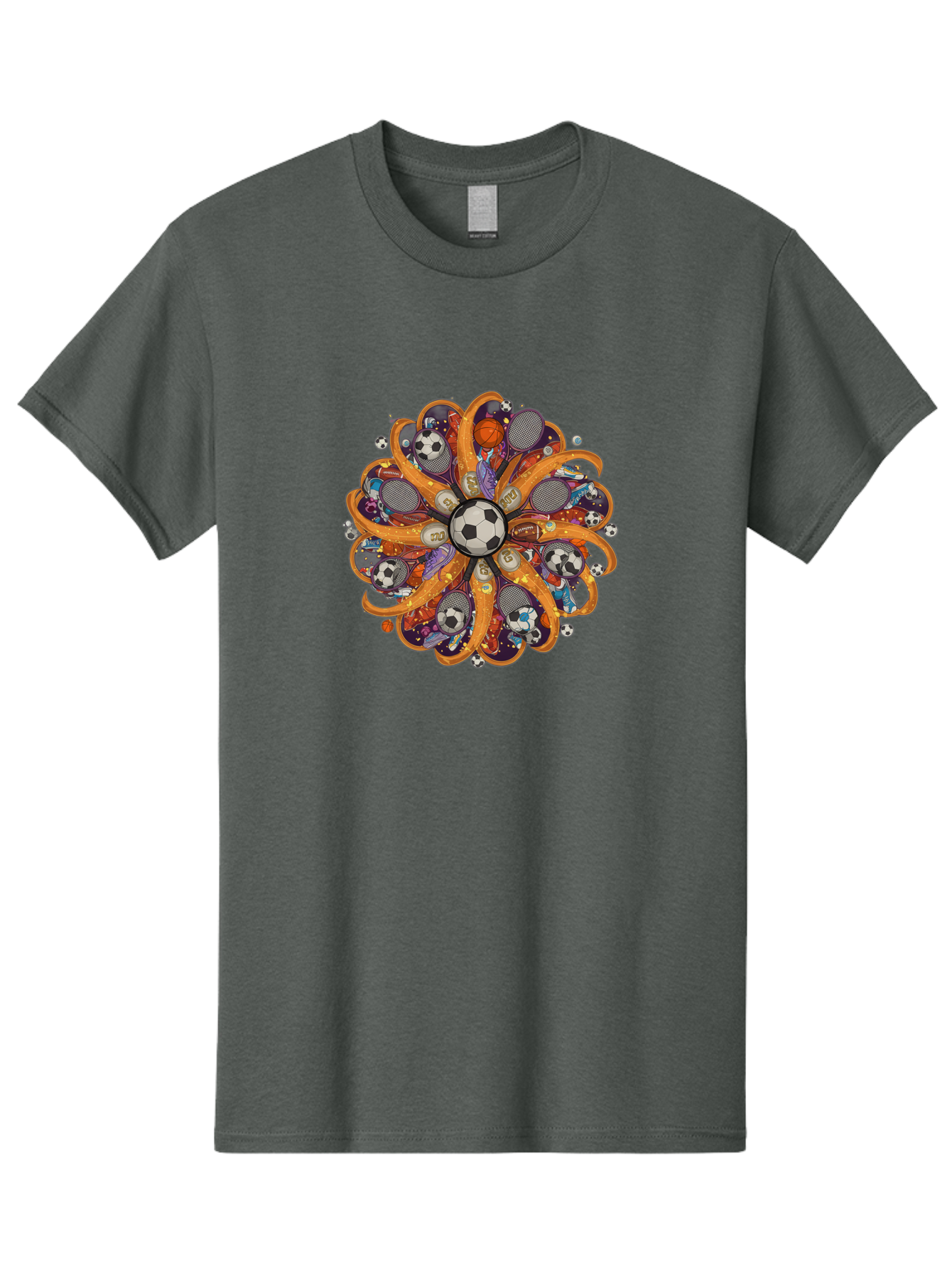 Soccer-Ball-Mandala Men'S Graphic Tee, 100% Cotton, Comfortable Casual Summer Wear, Machine Washable, Soccer Ball, Sports Equipment, Basketballs, Tennis Rackets, Athletic Gear, Vibrant Colors, Dynamic Design, Floral Pattern, Bad654