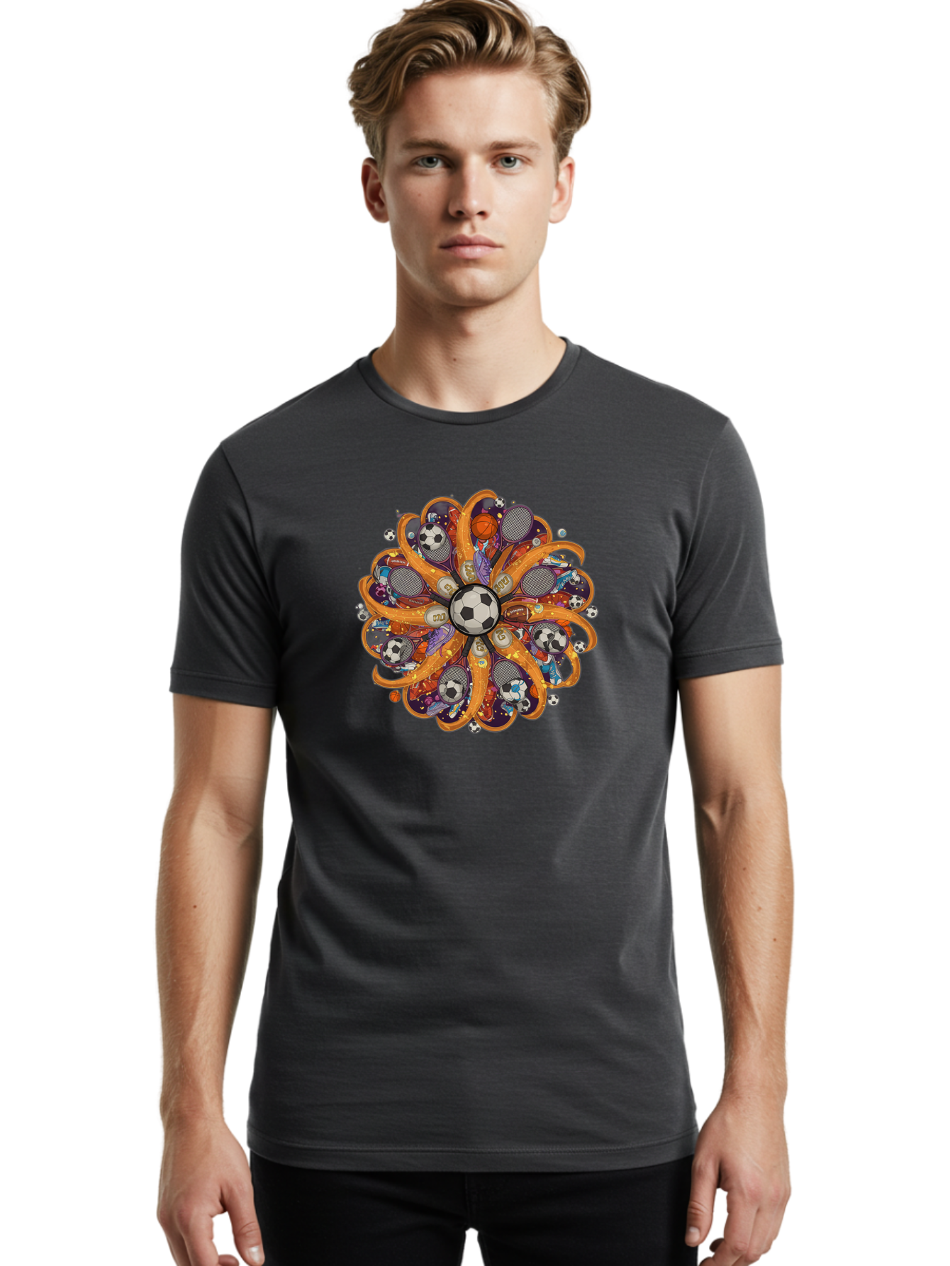 Soccer-Ball-Mandala Men'S Graphic Tee, 100% Cotton, Comfortable Casual Summer Wear, Machine Washable, Soccer Ball, Sports Equipment, Basketballs, Tennis Rackets, Athletic Gear, Vibrant Colors, Dynamic Design, Floral Pattern, Bad654