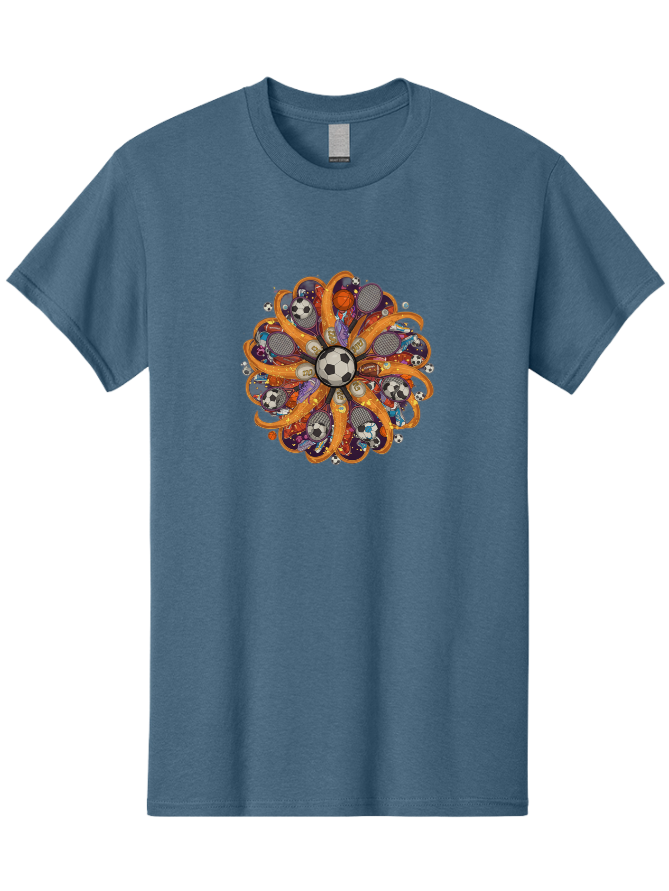 Soccer-Ball-Mandala Men'S Graphic Tee, 100% Cotton, Comfortable Casual Summer Wear, Machine Washable, Soccer Ball, Sports Equipment, Basketballs, Tennis Rackets, Athletic Gear, Vibrant Colors, Dynamic Design, Floral Pattern, Bad654