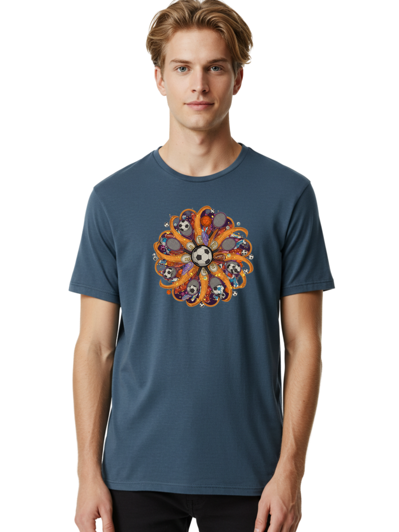 Soccer-Ball-Mandala Men'S Graphic Tee, 100% Cotton, Comfortable Casual Summer Wear, Machine Washable, Soccer Ball, Sports Equipment, Basketballs, Tennis Rackets, Athletic Gear, Vibrant Colors, Dynamic Design, Floral Pattern, Bad654
