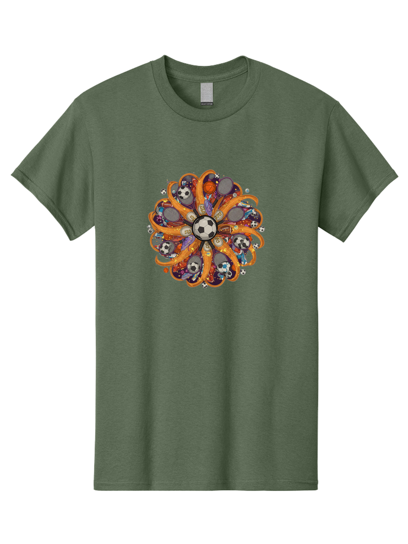 Soccer-Ball-Mandala Men'S Graphic Tee, 100% Cotton, Comfortable Casual Summer Wear, Machine Washable, Soccer Ball, Sports Equipment, Basketballs, Tennis Rackets, Athletic Gear, Vibrant Colors, Dynamic Design, Floral Pattern, Bad654