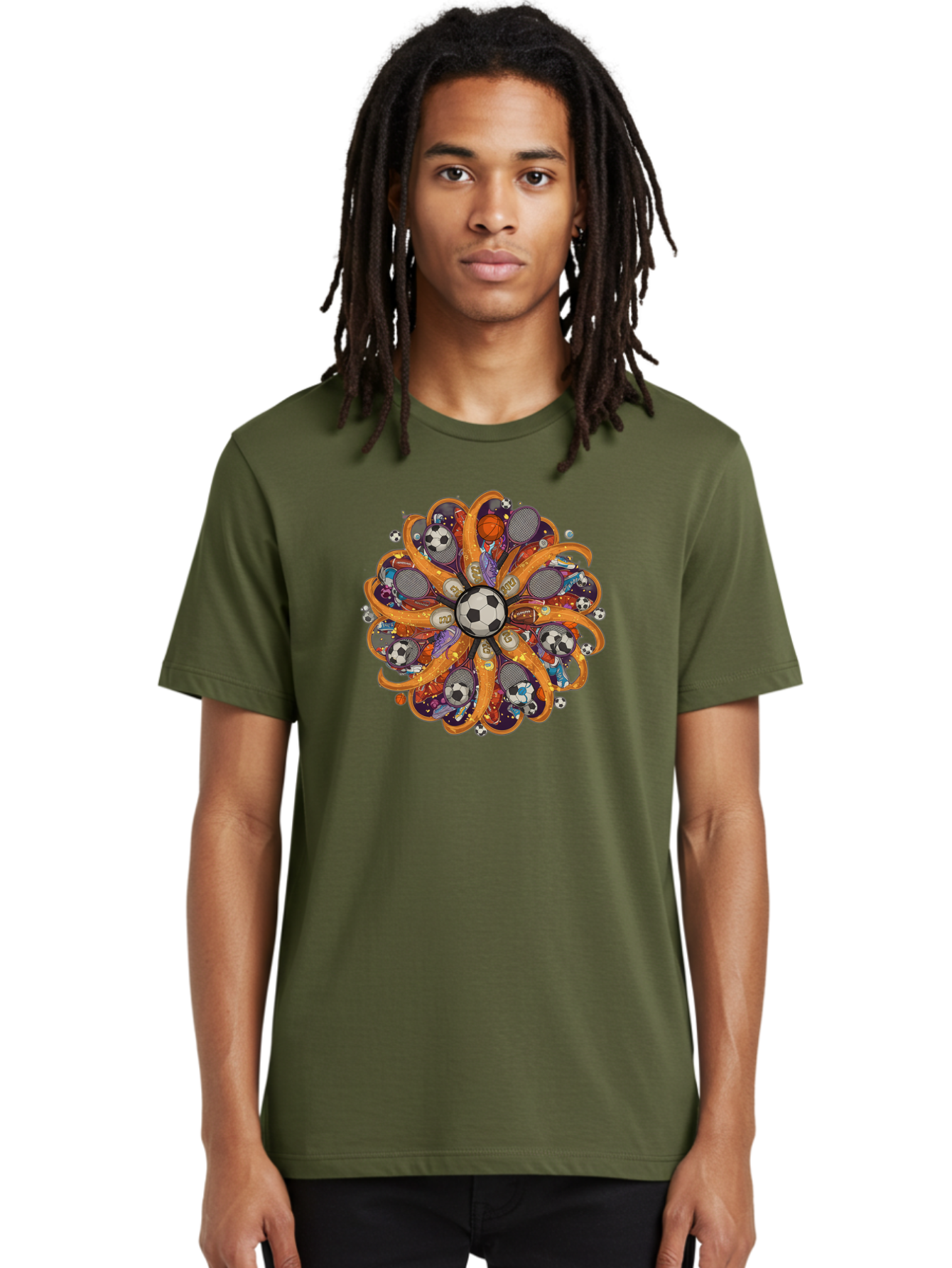 Soccer-Ball-Mandala Men'S Graphic Tee, 100% Cotton, Comfortable Casual Summer Wear, Machine Washable, Soccer Ball, Sports Equipment, Basketballs, Tennis Rackets, Athletic Gear, Vibrant Colors, Dynamic Design, Floral Pattern, Bad654