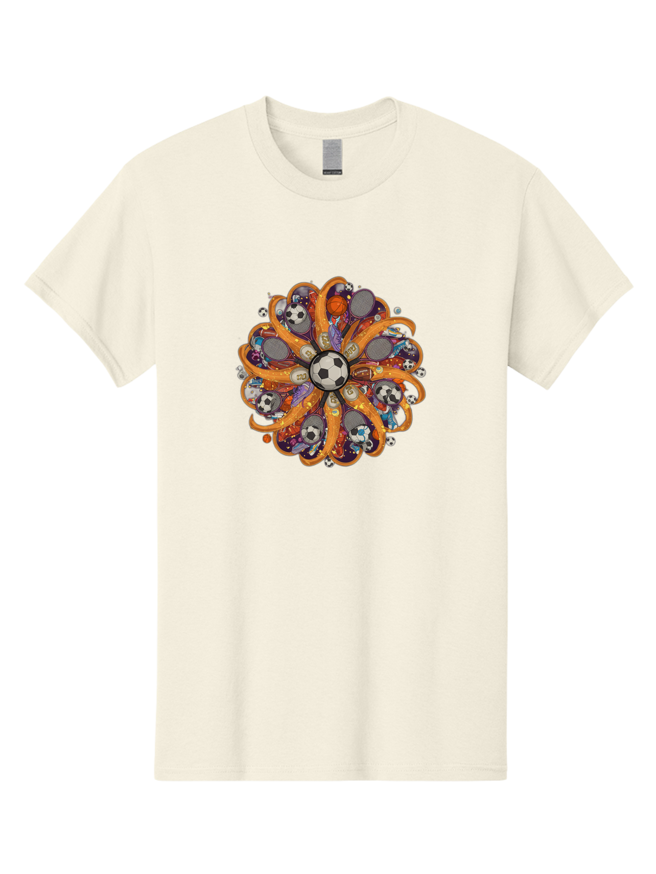 Soccer-Ball-Mandala Men'S Graphic Tee, 100% Cotton, Comfortable Casual Summer Wear, Machine Washable, Soccer Ball, Sports Equipment, Basketballs, Tennis Rackets, Athletic Gear, Vibrant Colors, Dynamic Design, Floral Pattern, Bad654