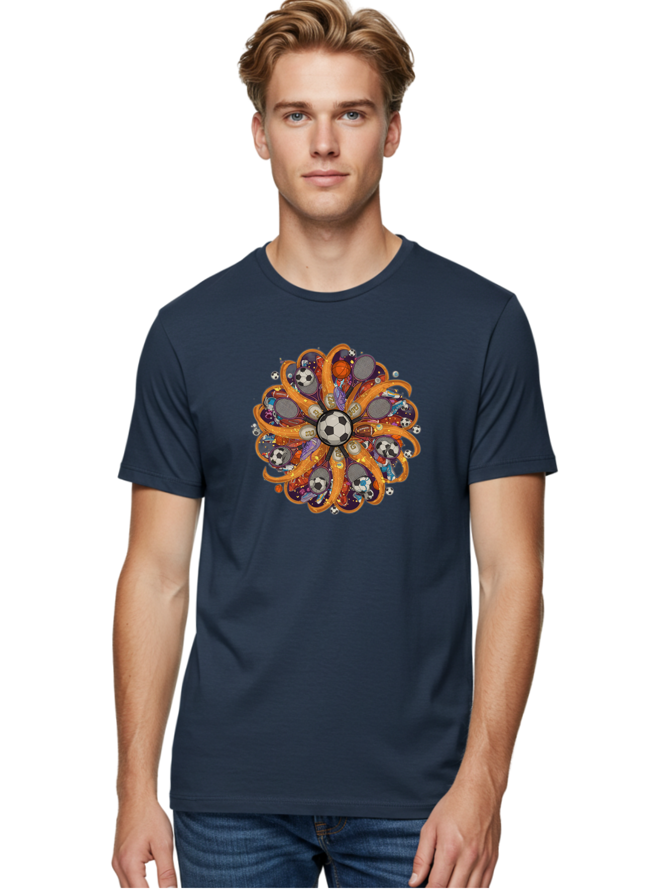 Soccer-Ball-Mandala Men'S Graphic Tee, 100% Cotton, Comfortable Casual Summer Wear, Machine Washable, Soccer Ball, Sports Equipment, Basketballs, Tennis Rackets, Athletic Gear, Vibrant Colors, Dynamic Design, Floral Pattern, Bad654