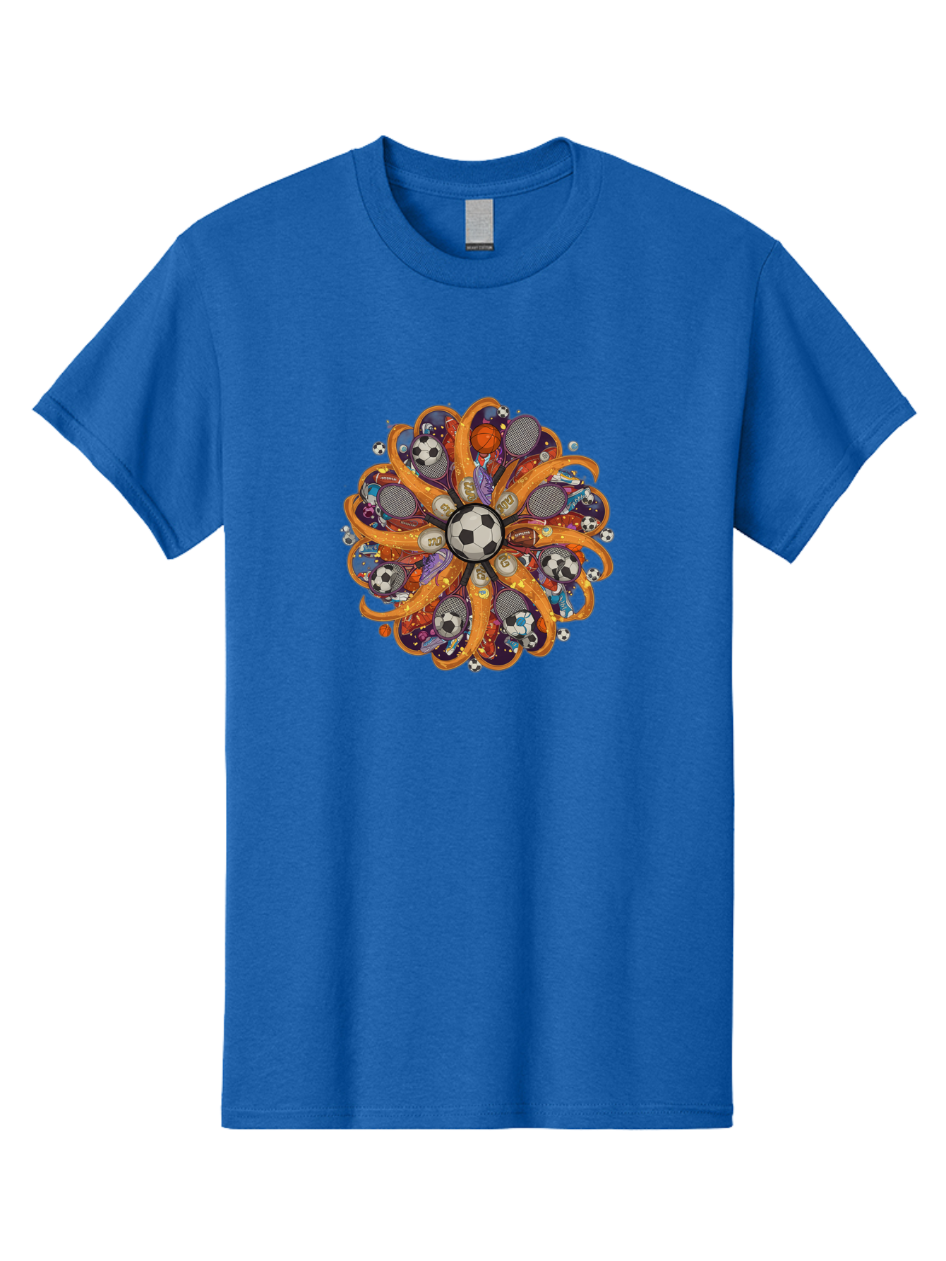 Soccer-Ball-Mandala Men'S Graphic Tee, 100% Cotton, Comfortable Casual Summer Wear, Machine Washable, Soccer Ball, Sports Equipment, Basketballs, Tennis Rackets, Athletic Gear, Vibrant Colors, Dynamic Design, Floral Pattern, Bad654