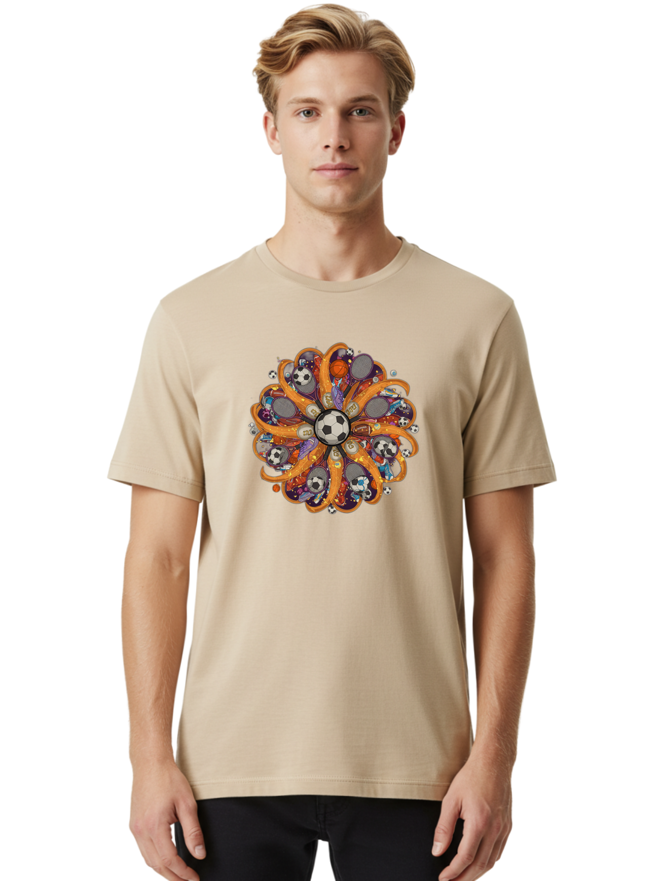 Soccer-Ball-Mandala Men'S Graphic Tee, 100% Cotton, Comfortable Casual Summer Wear, Machine Washable, Soccer Ball, Sports Equipment, Basketballs, Tennis Rackets, Athletic Gear, Vibrant Colors, Dynamic Design, Floral Pattern, Bad654