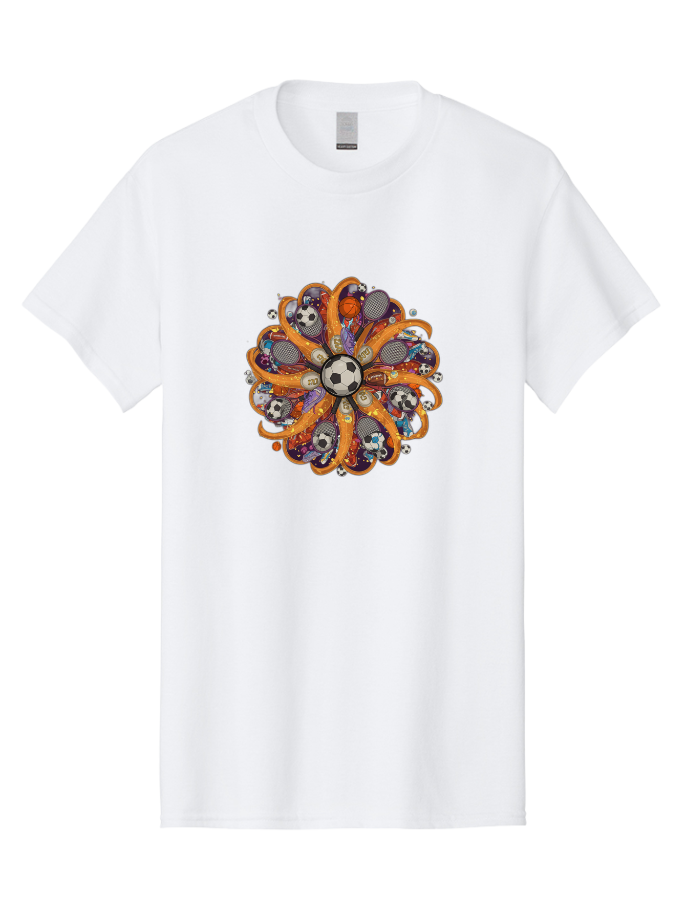 Soccer-Ball-Mandala Men'S Graphic Tee, 100% Cotton, Comfortable Casual Summer Wear, Machine Washable, Soccer Ball, Sports Equipment, Basketballs, Tennis Rackets, Athletic Gear, Vibrant Colors, Dynamic Design, Floral Pattern, Bad654