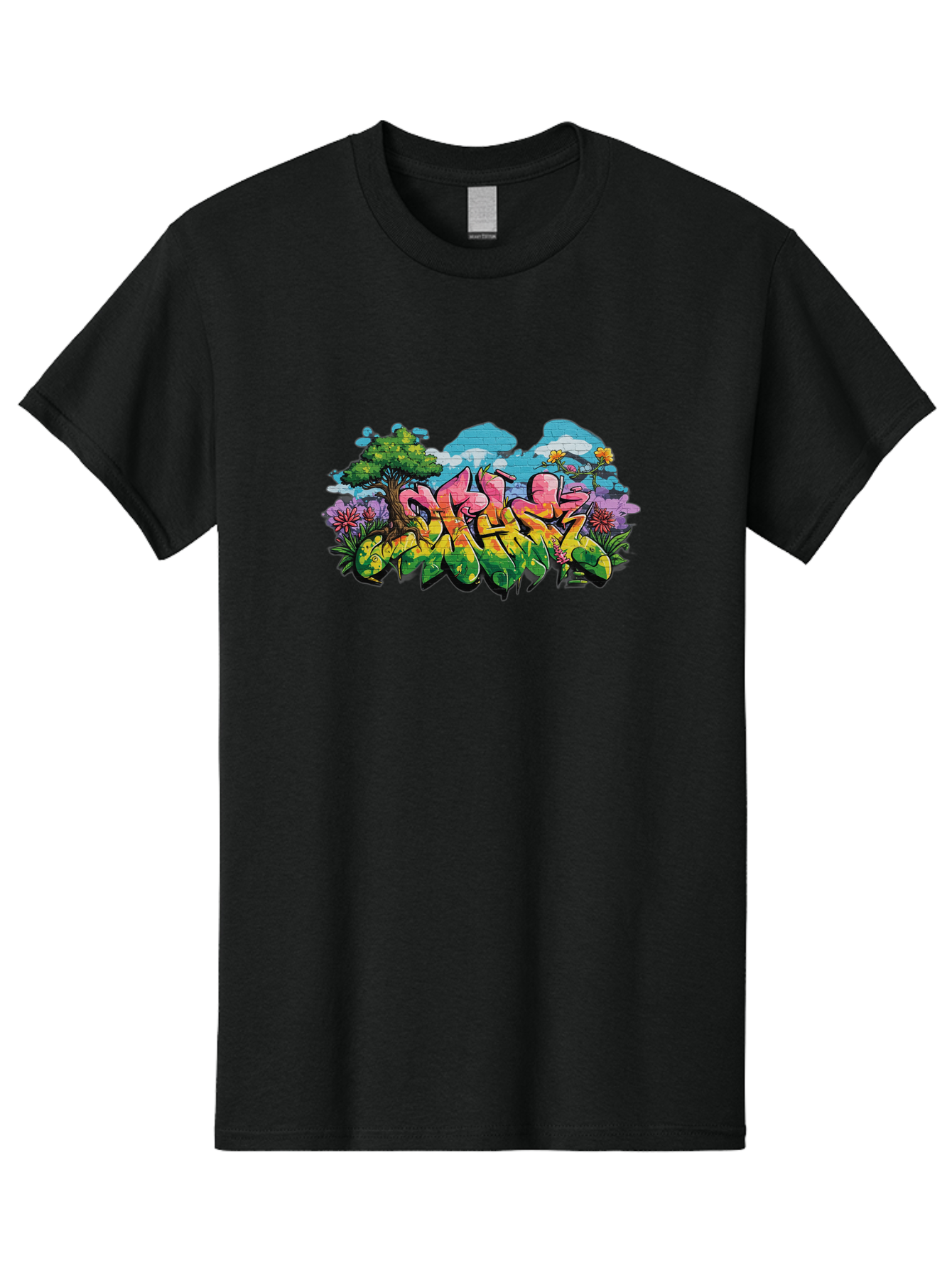Sos Men'S Graphic Tee, 100% Cotton, Comfortable Casual Summer Wear, Machine Washable, Graffiti Art, Street Art Style, 5050, Pink, Yellow, Green, Flowers, Tree, Blue Sky, White Clouds, Vibrant Colors, Urban Art, Contemporary Art, Street Culture Bad655