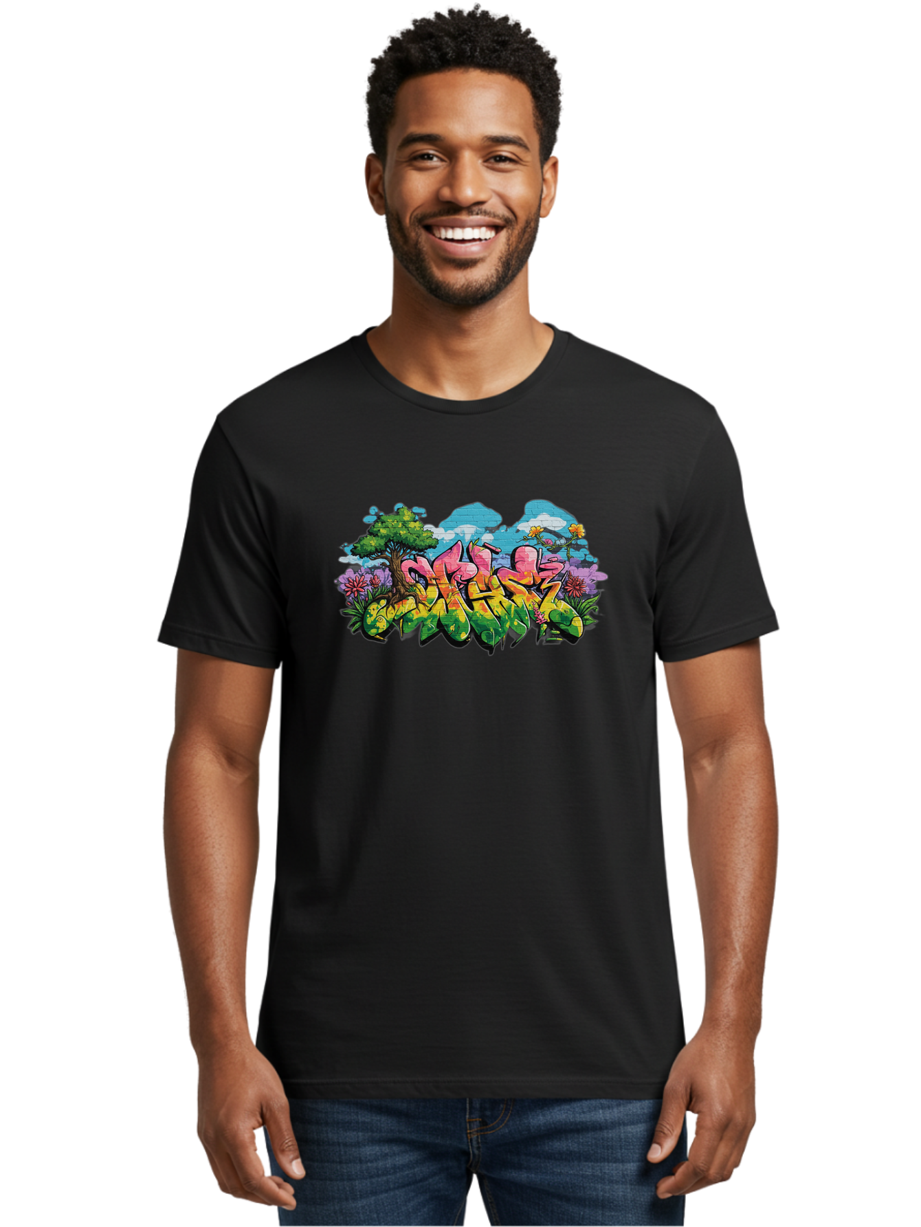 Sos Men'S Graphic Tee, 100% Cotton, Comfortable Casual Summer Wear, Machine Washable, Graffiti Art, Street Art Style, 5050, Pink, Yellow, Green, Flowers, Tree, Blue Sky, White Clouds, Vibrant Colors, Urban Art, Contemporary Art, Street Culture Bad655