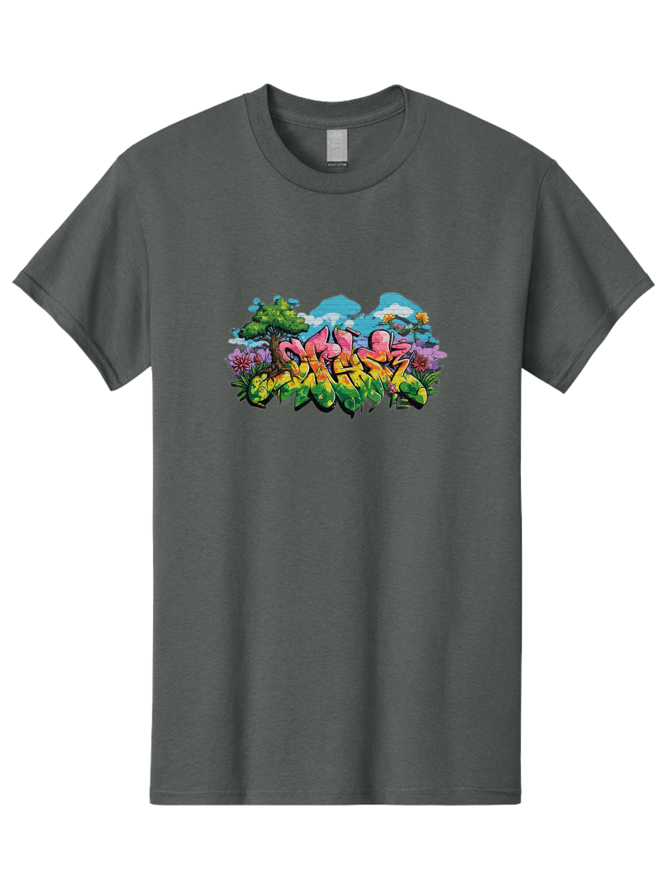 Sos Men'S Graphic Tee, 100% Cotton, Comfortable Casual Summer Wear, Machine Washable, Graffiti Art, Street Art Style, 5050, Pink, Yellow, Green, Flowers, Tree, Blue Sky, White Clouds, Vibrant Colors, Urban Art, Contemporary Art, Street Culture Bad655