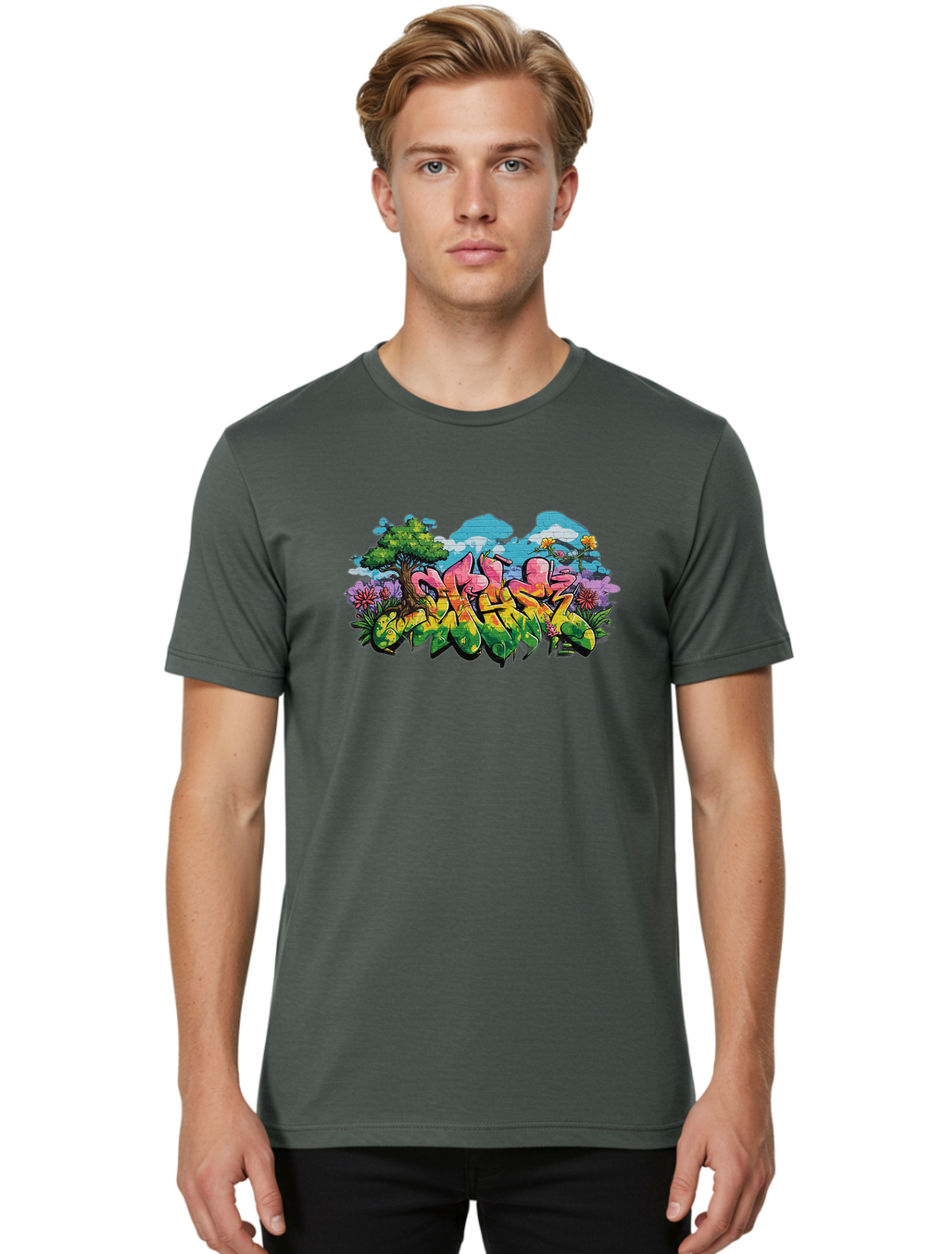 Sos Men'S Graphic Tee, 100% Cotton, Comfortable Casual Summer Wear, Machine Washable, Graffiti Art, Street Art Style, 5050, Pink, Yellow, Green, Flowers, Tree, Blue Sky, White Clouds, Vibrant Colors, Urban Art, Contemporary Art, Street Culture Bad655