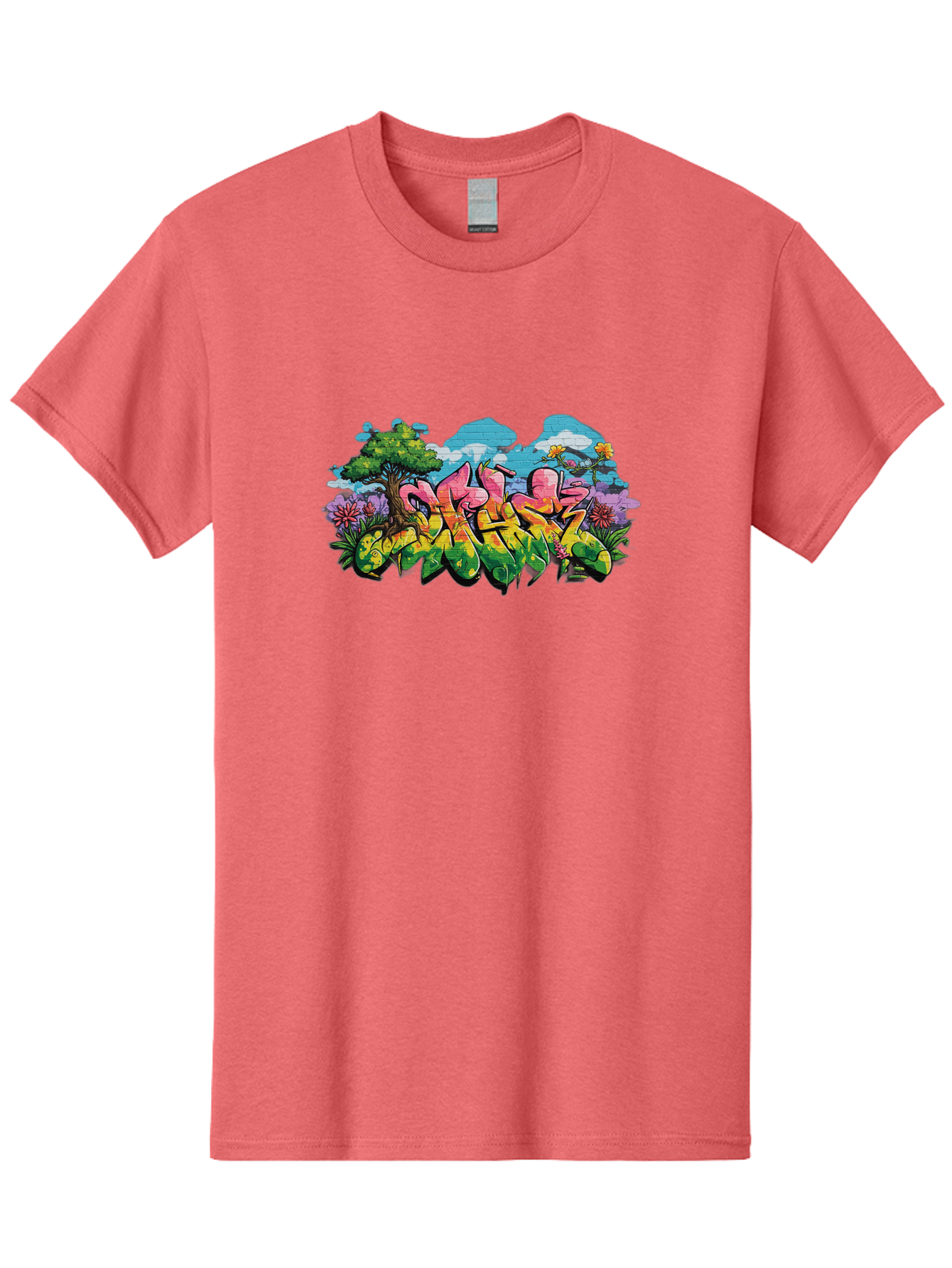 Sos Men'S Graphic Tee, 100% Cotton, Comfortable Casual Summer Wear, Machine Washable, Graffiti Art, Street Art Style, 5050, Pink, Yellow, Green, Flowers, Tree, Blue Sky, White Clouds, Vibrant Colors, Urban Art, Contemporary Art, Street Culture Bad655