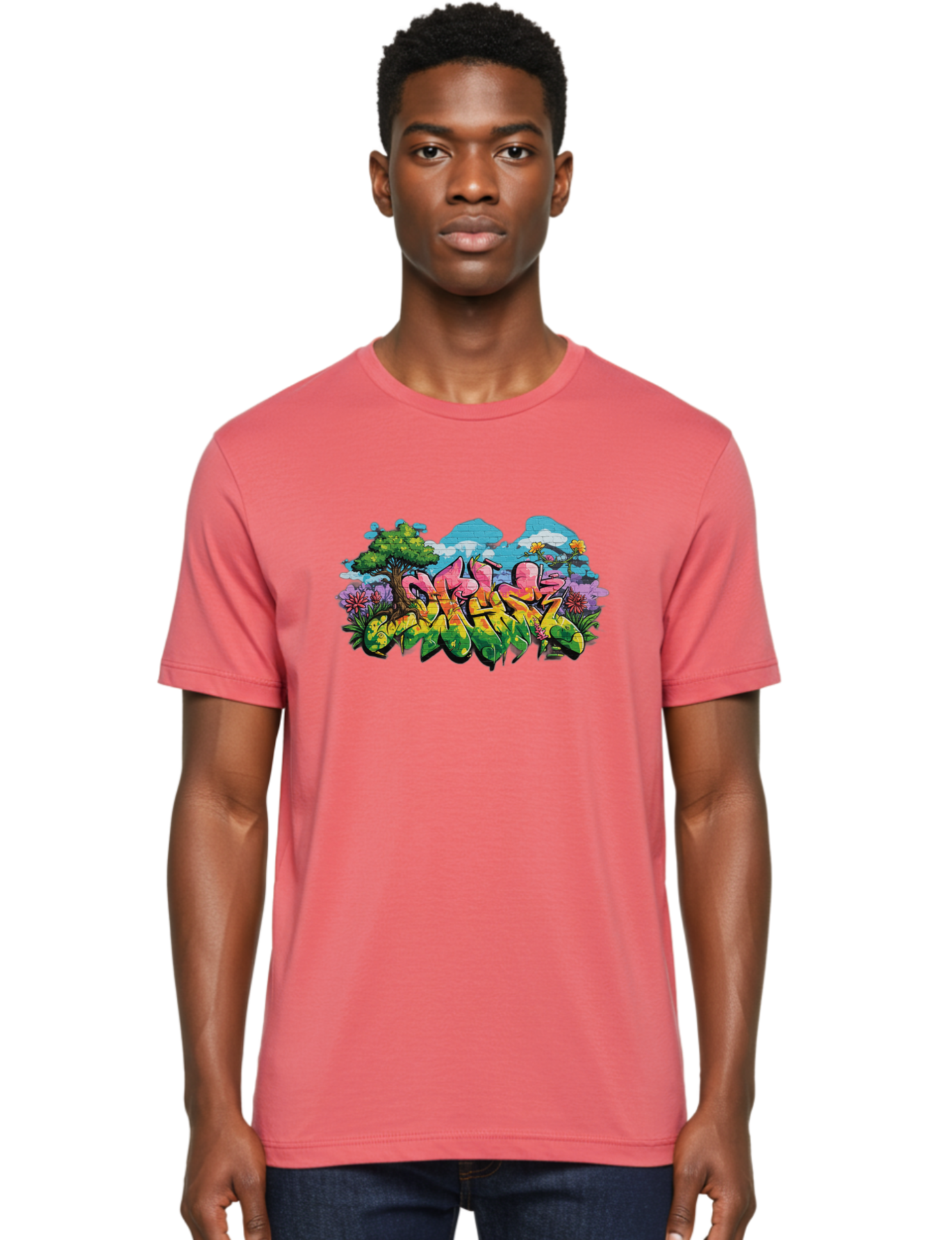 Sos Men'S Graphic Tee, 100% Cotton, Comfortable Casual Summer Wear, Machine Washable, Graffiti Art, Street Art Style, 5050, Pink, Yellow, Green, Flowers, Tree, Blue Sky, White Clouds, Vibrant Colors, Urban Art, Contemporary Art, Street Culture Bad655