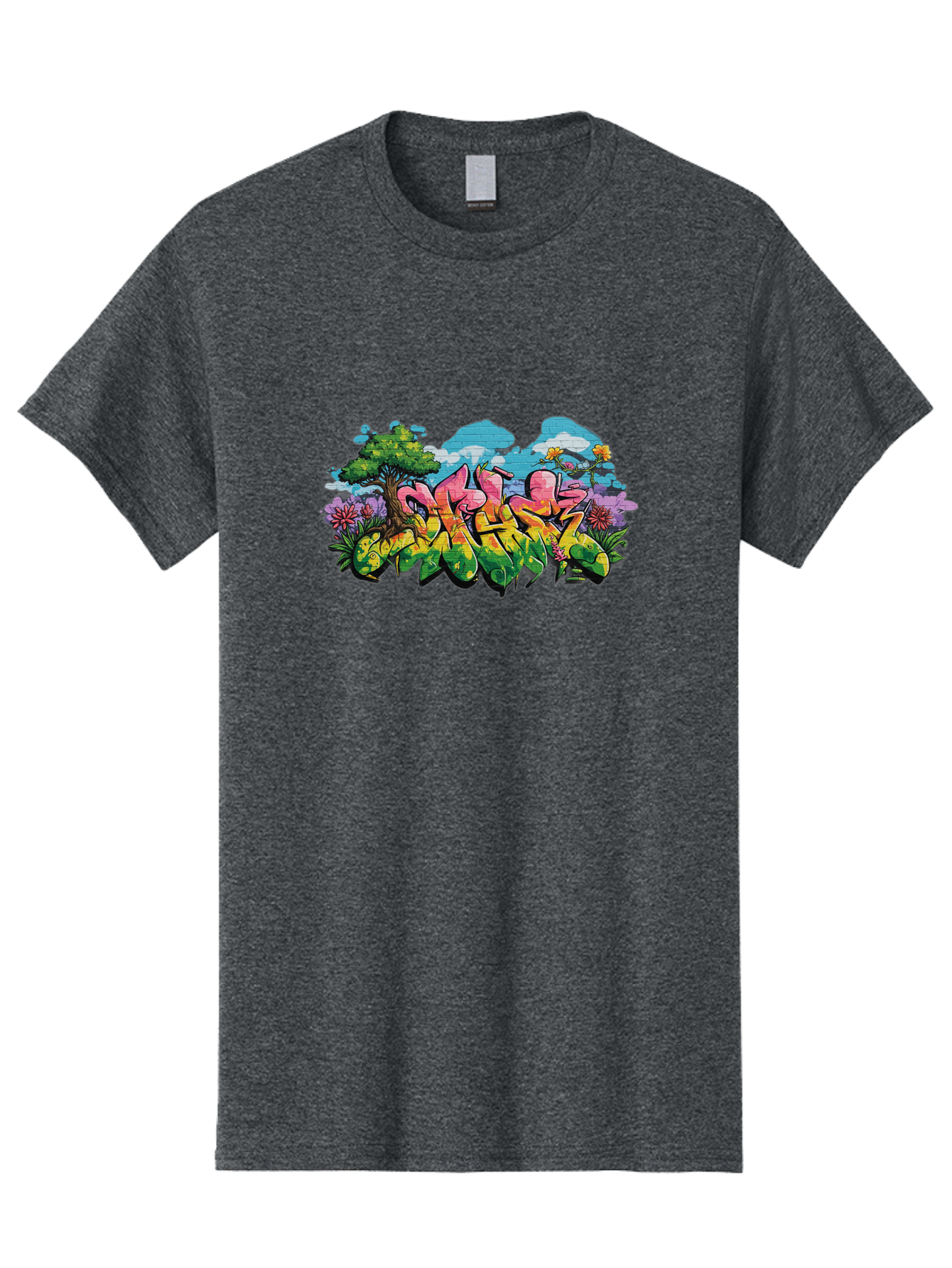 Sos Men'S Graphic Tee, 100% Cotton, Comfortable Casual Summer Wear, Machine Washable, Graffiti Art, Street Art Style, 5050, Pink, Yellow, Green, Flowers, Tree, Blue Sky, White Clouds, Vibrant Colors, Urban Art, Contemporary Art, Street Culture Bad655