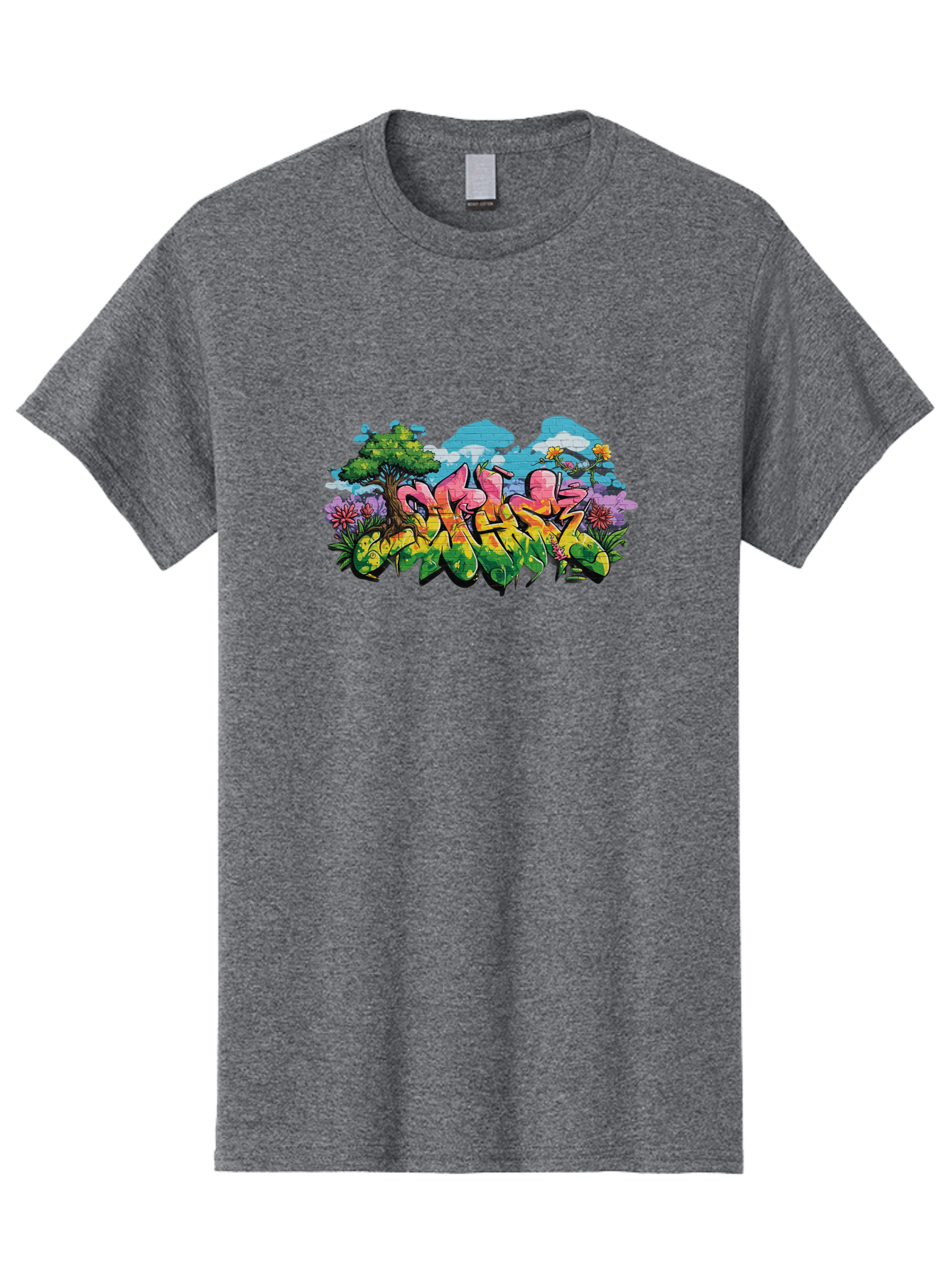 Sos Men'S Graphic Tee, 100% Cotton, Comfortable Casual Summer Wear, Machine Washable, Graffiti Art, Street Art Style, 5050, Pink, Yellow, Green, Flowers, Tree, Blue Sky, White Clouds, Vibrant Colors, Urban Art, Contemporary Art, Street Culture Bad655