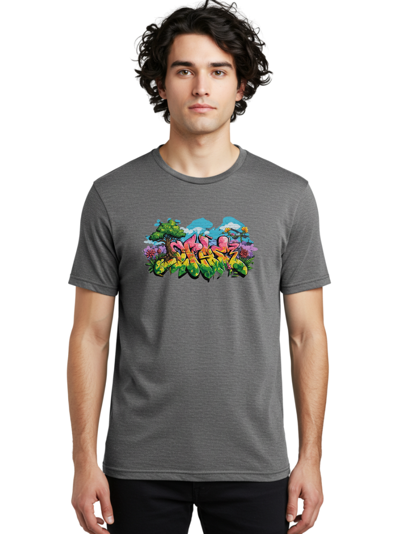 Sos Men'S Graphic Tee, 100% Cotton, Comfortable Casual Summer Wear, Machine Washable, Graffiti Art, Street Art Style, 5050, Pink, Yellow, Green, Flowers, Tree, Blue Sky, White Clouds, Vibrant Colors, Urban Art, Contemporary Art, Street Culture Bad655