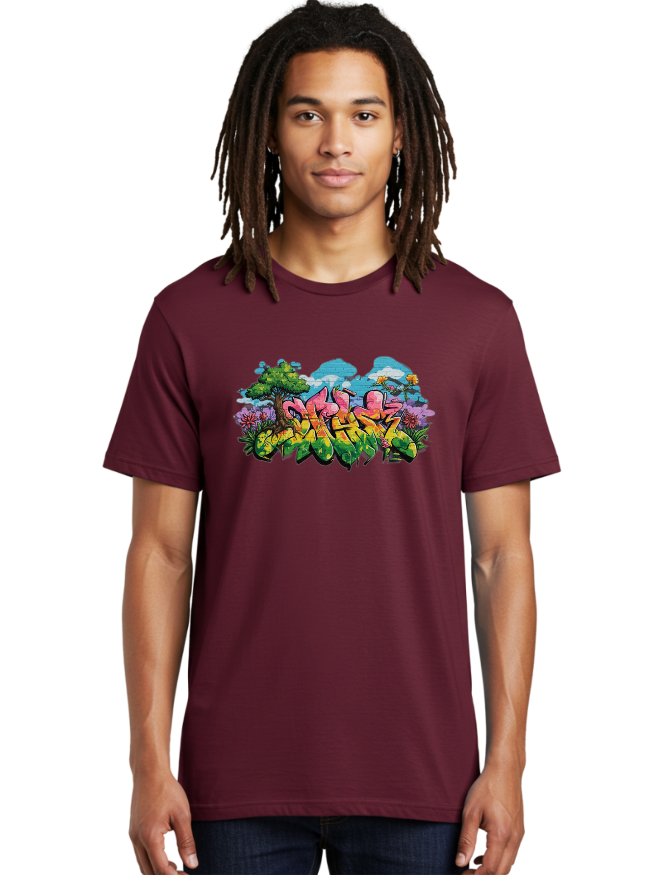 Sos Men'S Graphic Tee, 100% Cotton, Comfortable Casual Summer Wear, Machine Washable, Graffiti Art, Street Art Style, 5050, Pink, Yellow, Green, Flowers, Tree, Blue Sky, White Clouds, Vibrant Colors, Urban Art, Contemporary Art, Street Culture Bad655