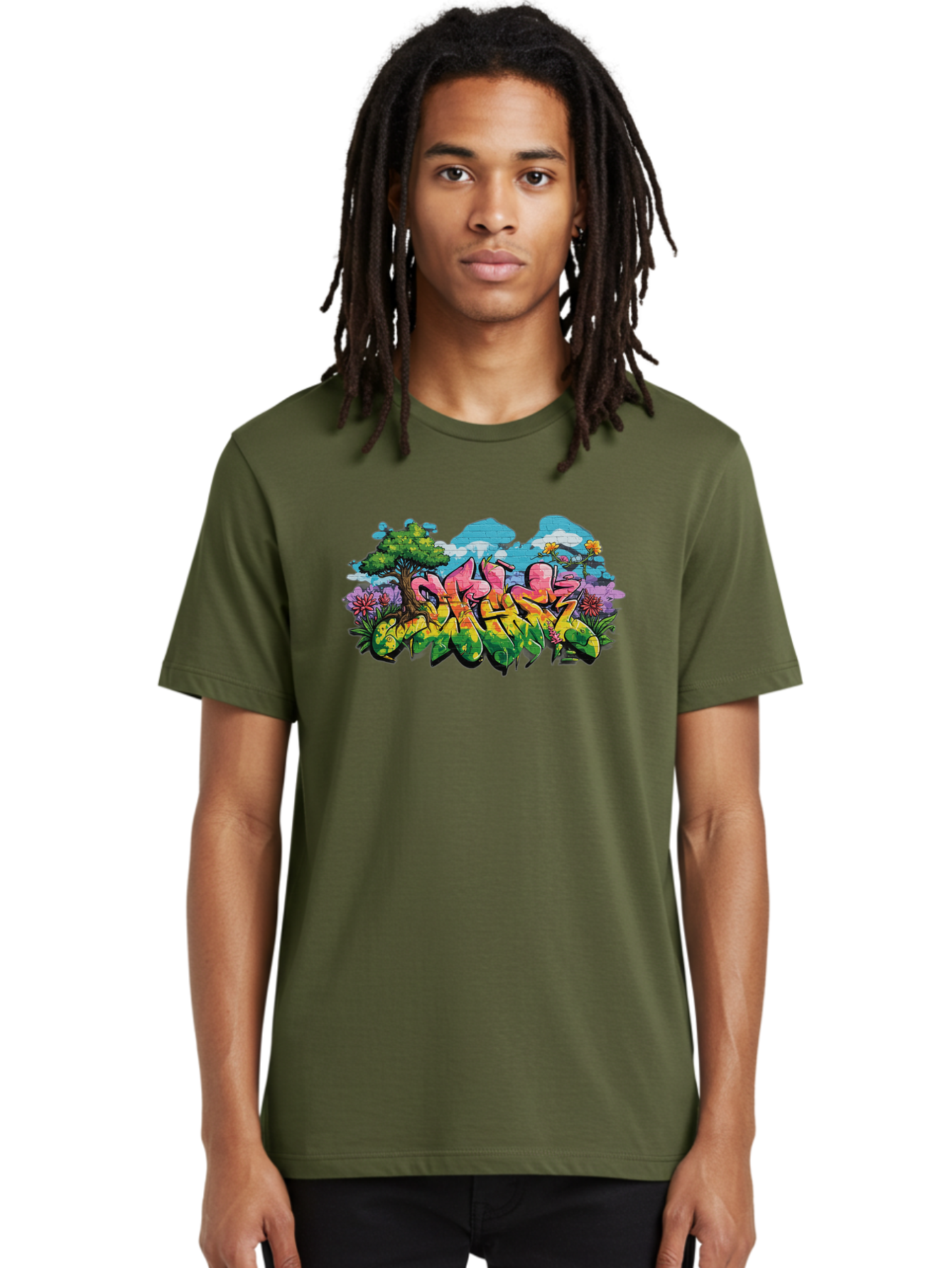 Sos Men'S Graphic Tee, 100% Cotton, Comfortable Casual Summer Wear, Machine Washable, Graffiti Art, Street Art Style, 5050, Pink, Yellow, Green, Flowers, Tree, Blue Sky, White Clouds, Vibrant Colors, Urban Art, Contemporary Art, Street Culture Bad655