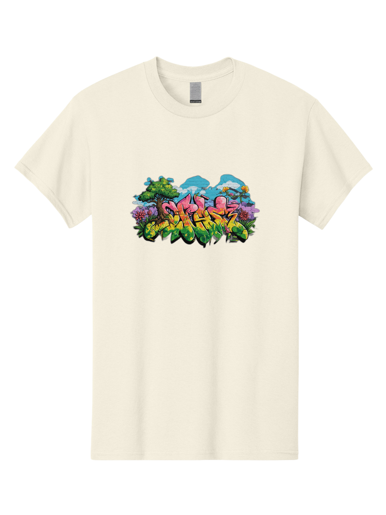 Sos Men'S Graphic Tee, 100% Cotton, Comfortable Casual Summer Wear, Machine Washable, Graffiti Art, Street Art Style, 5050, Pink, Yellow, Green, Flowers, Tree, Blue Sky, White Clouds, Vibrant Colors, Urban Art, Contemporary Art, Street Culture Bad655