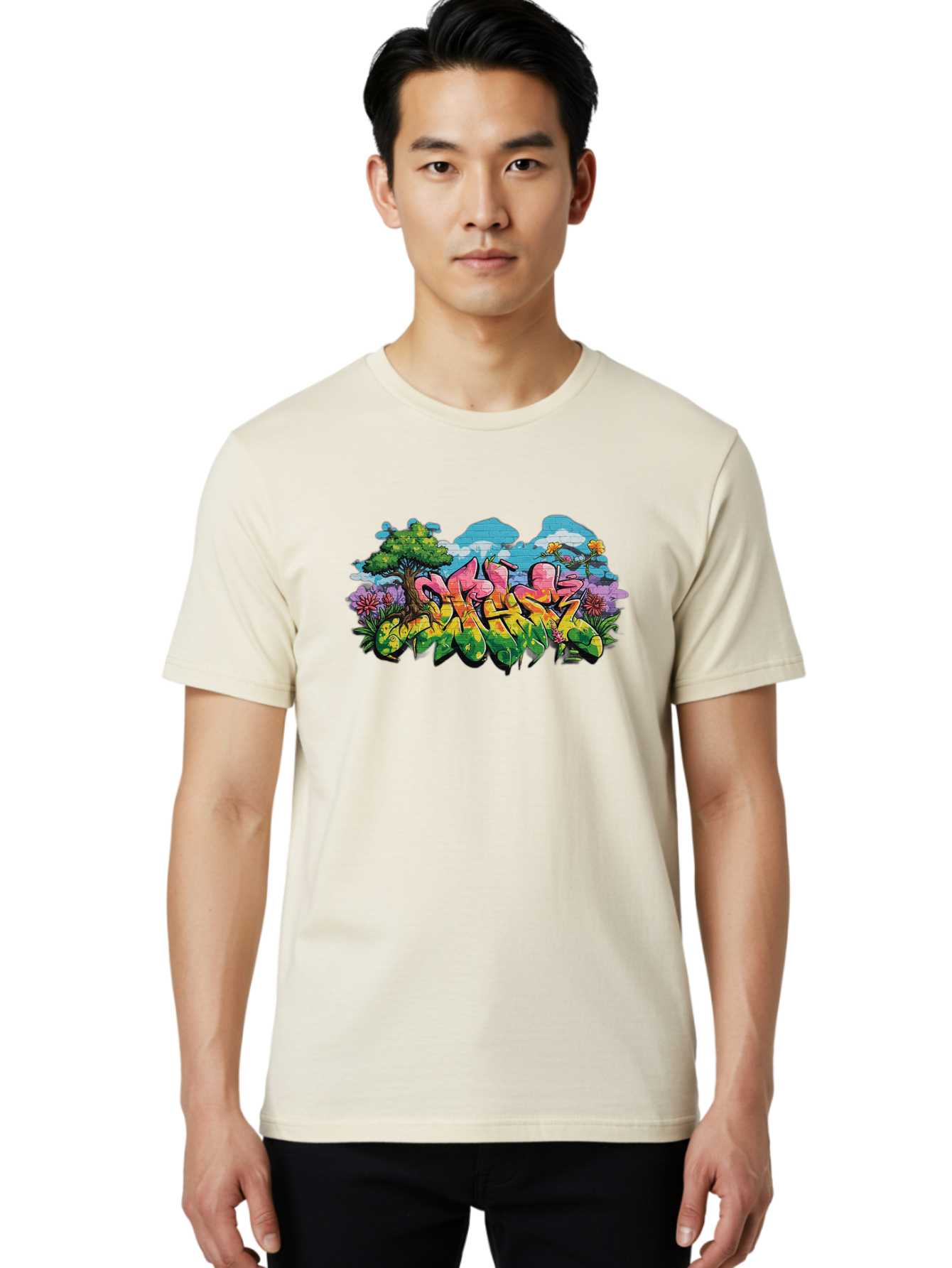 Sos Men'S Graphic Tee, 100% Cotton, Comfortable Casual Summer Wear, Machine Washable, Graffiti Art, Street Art Style, 5050, Pink, Yellow, Green, Flowers, Tree, Blue Sky, White Clouds, Vibrant Colors, Urban Art, Contemporary Art, Street Culture Bad655