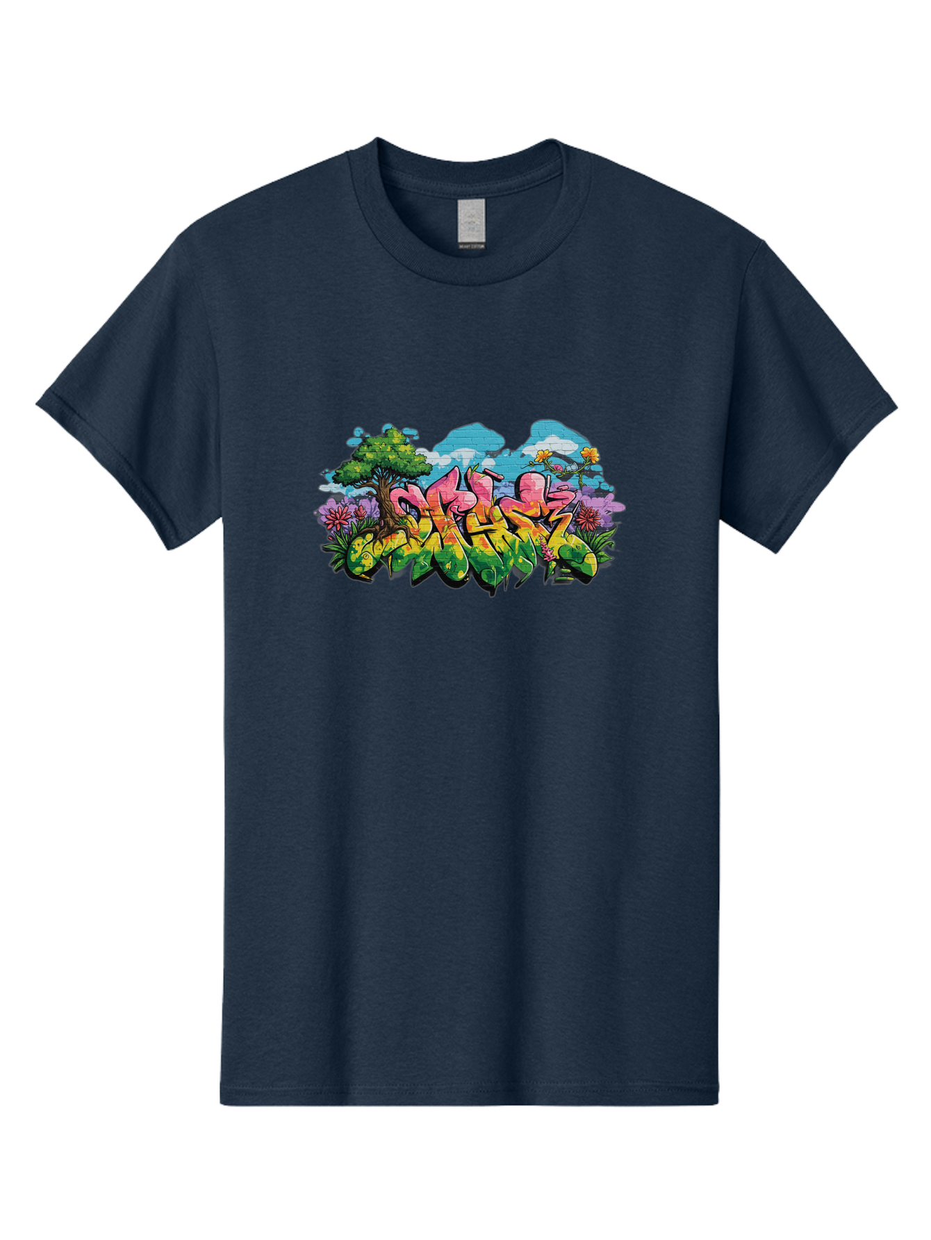Sos Men'S Graphic Tee, 100% Cotton, Comfortable Casual Summer Wear, Machine Washable, Graffiti Art, Street Art Style, 5050, Pink, Yellow, Green, Flowers, Tree, Blue Sky, White Clouds, Vibrant Colors, Urban Art, Contemporary Art, Street Culture Bad655