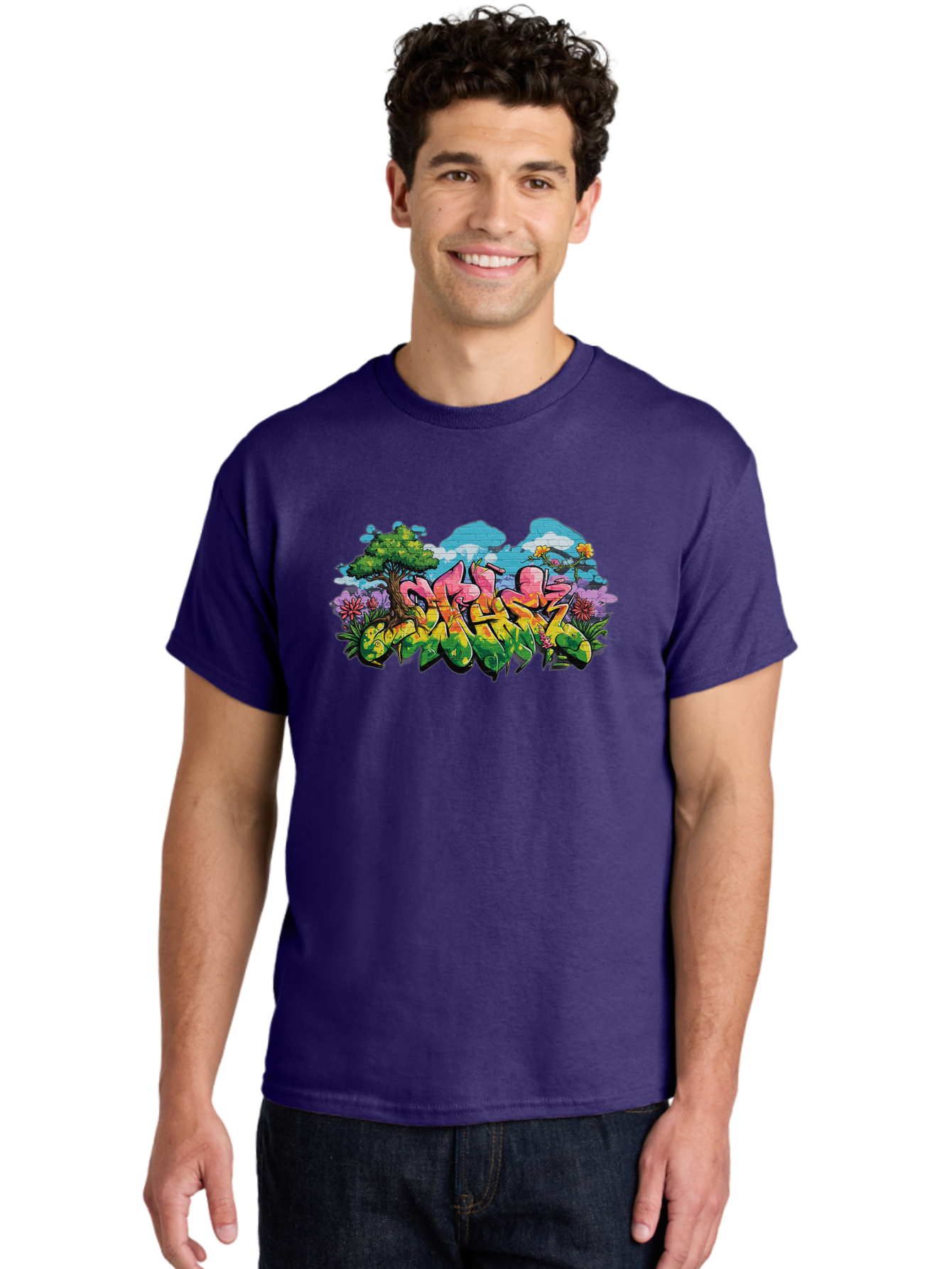 Sos Men'S Graphic Tee, 100% Cotton, Comfortable Casual Summer Wear, Machine Washable, Graffiti Art, Street Art Style, 5050, Pink, Yellow, Green, Flowers, Tree, Blue Sky, White Clouds, Vibrant Colors, Urban Art, Contemporary Art, Street Culture Bad655
