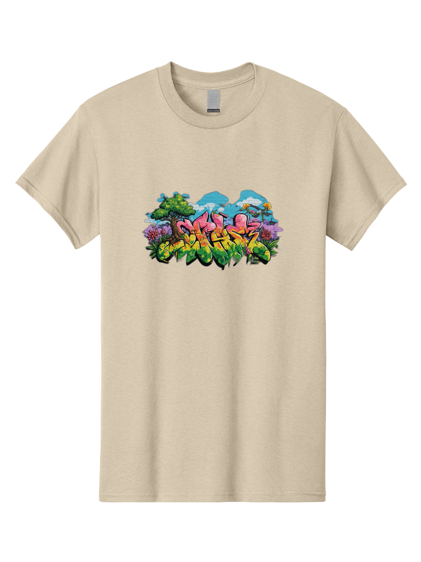 Sos Men'S Graphic Tee, 100% Cotton, Comfortable Casual Summer Wear, Machine Washable, Graffiti Art, Street Art Style, 5050, Pink, Yellow, Green, Flowers, Tree, Blue Sky, White Clouds, Vibrant Colors, Urban Art, Contemporary Art, Street Culture Bad655