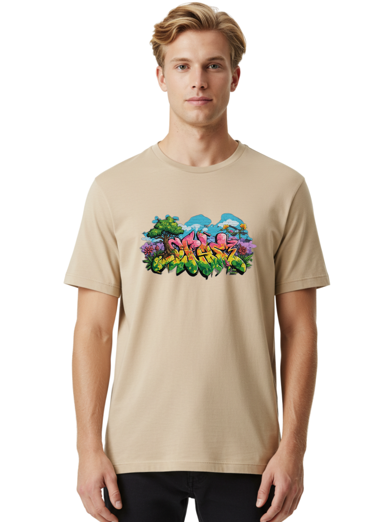 Sos Men'S Graphic Tee, 100% Cotton, Comfortable Casual Summer Wear, Machine Washable, Graffiti Art, Street Art Style, 5050, Pink, Yellow, Green, Flowers, Tree, Blue Sky, White Clouds, Vibrant Colors, Urban Art, Contemporary Art, Street Culture Bad655