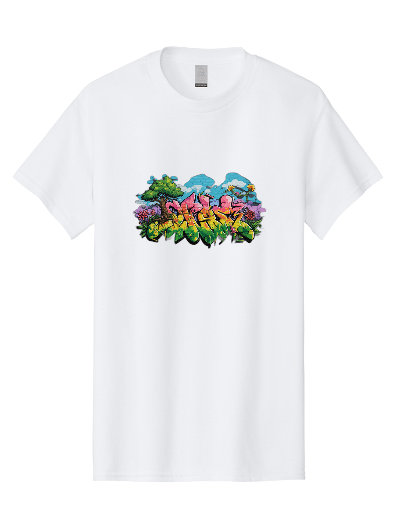 Sos Men'S Graphic Tee, 100% Cotton, Comfortable Casual Summer Wear, Machine Washable, Graffiti Art, Street Art Style, 5050, Pink, Yellow, Green, Flowers, Tree, Blue Sky, White Clouds, Vibrant Colors, Urban Art, Contemporary Art, Street Culture Bad655