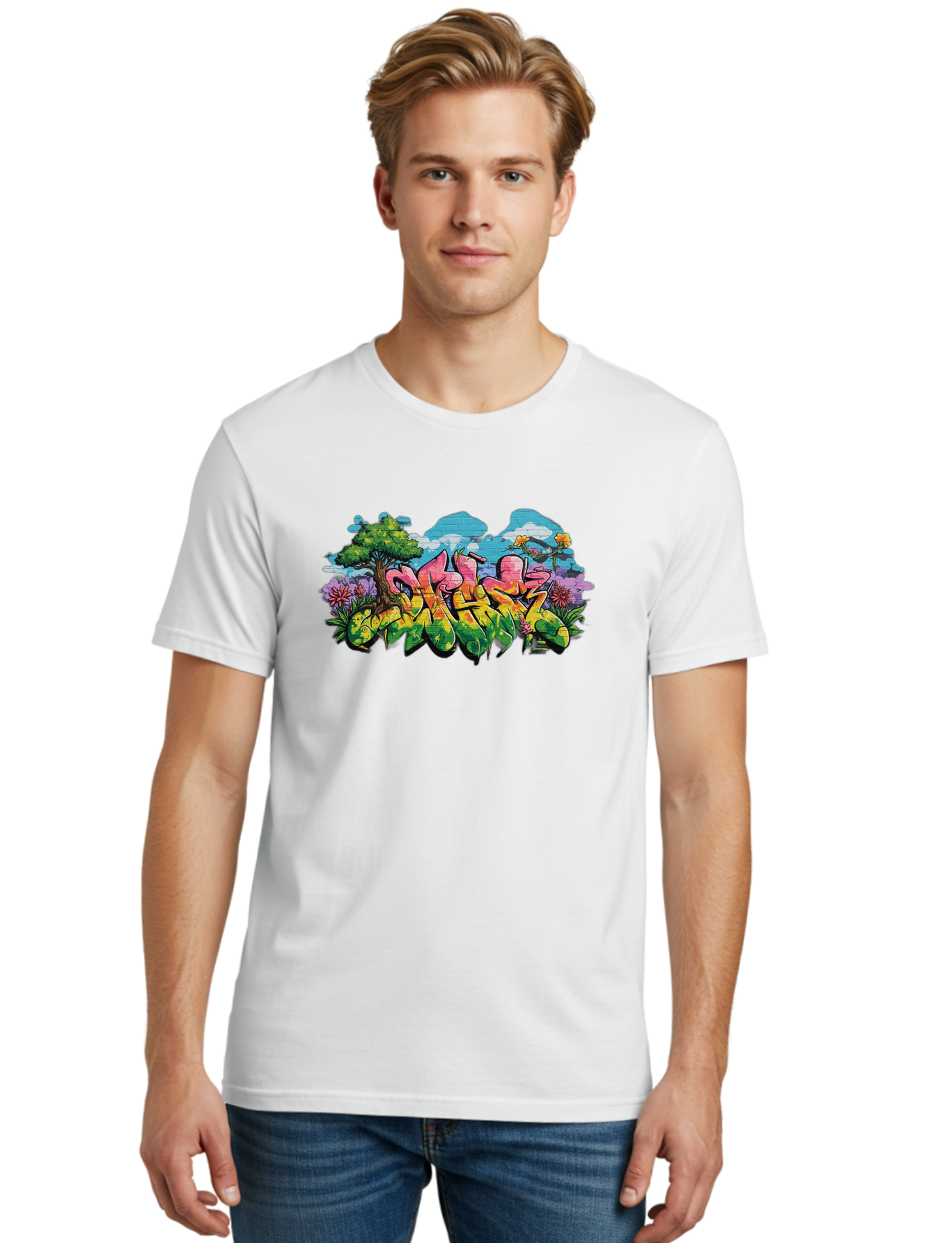 Sos Men'S Graphic Tee, 100% Cotton, Comfortable Casual Summer Wear, Machine Washable, Graffiti Art, Street Art Style, 5050, Pink, Yellow, Green, Flowers, Tree, Blue Sky, White Clouds, Vibrant Colors, Urban Art, Contemporary Art, Street Culture Bad655