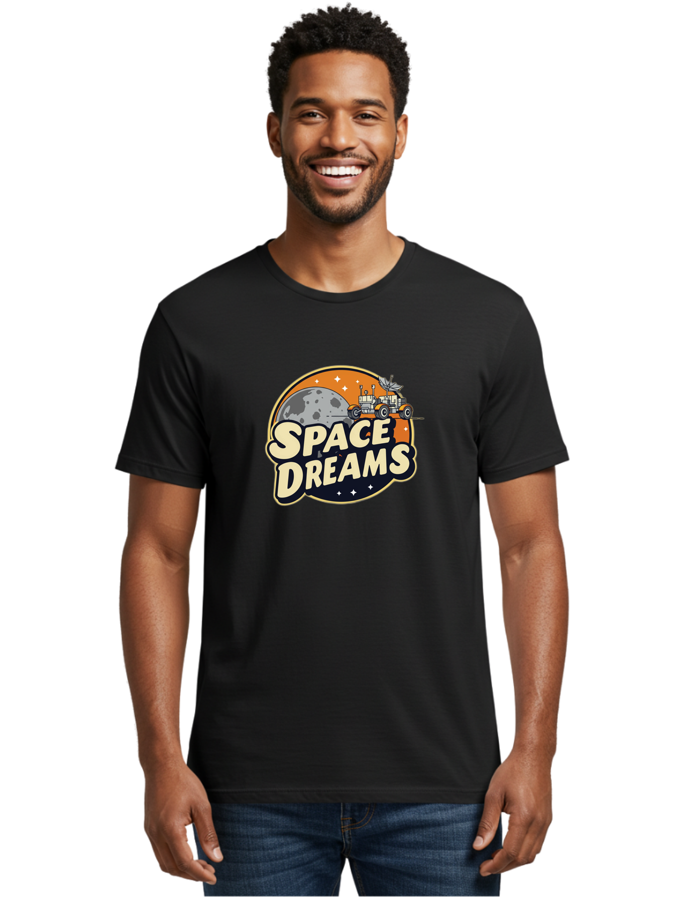 Space-Dreams-2 Men'S Graphic Tee, 100% Cotton, Comfortable Casual Summer Wear, Machine Washable, Vintage-Style Space Truck, Lunar Exploration, Space Travel, Retro-Futuristic Design, Celestial Adventure, Moon Landscape, Tractor In Space, Stars, Bad658