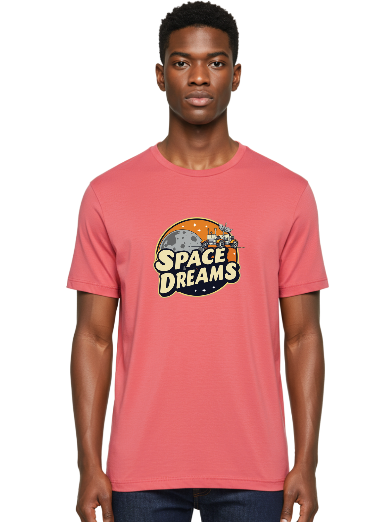 Space-Dreams-2 Men'S Graphic Tee, 100% Cotton, Comfortable Casual Summer Wear, Machine Washable, Vintage-Style Space Truck, Lunar Exploration, Space Travel, Retro-Futuristic Design, Celestial Adventure, Moon Landscape, Tractor In Space, Stars, Bad658