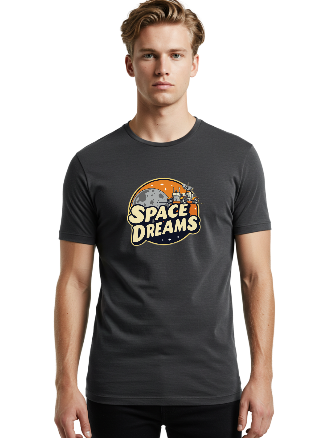 Space-Dreams-2 Men'S Graphic Tee, 100% Cotton, Comfortable Casual Summer Wear, Machine Washable, Vintage-Style Space Truck, Lunar Exploration, Space Travel, Retro-Futuristic Design, Celestial Adventure, Moon Landscape, Tractor In Space, Stars, Bad658