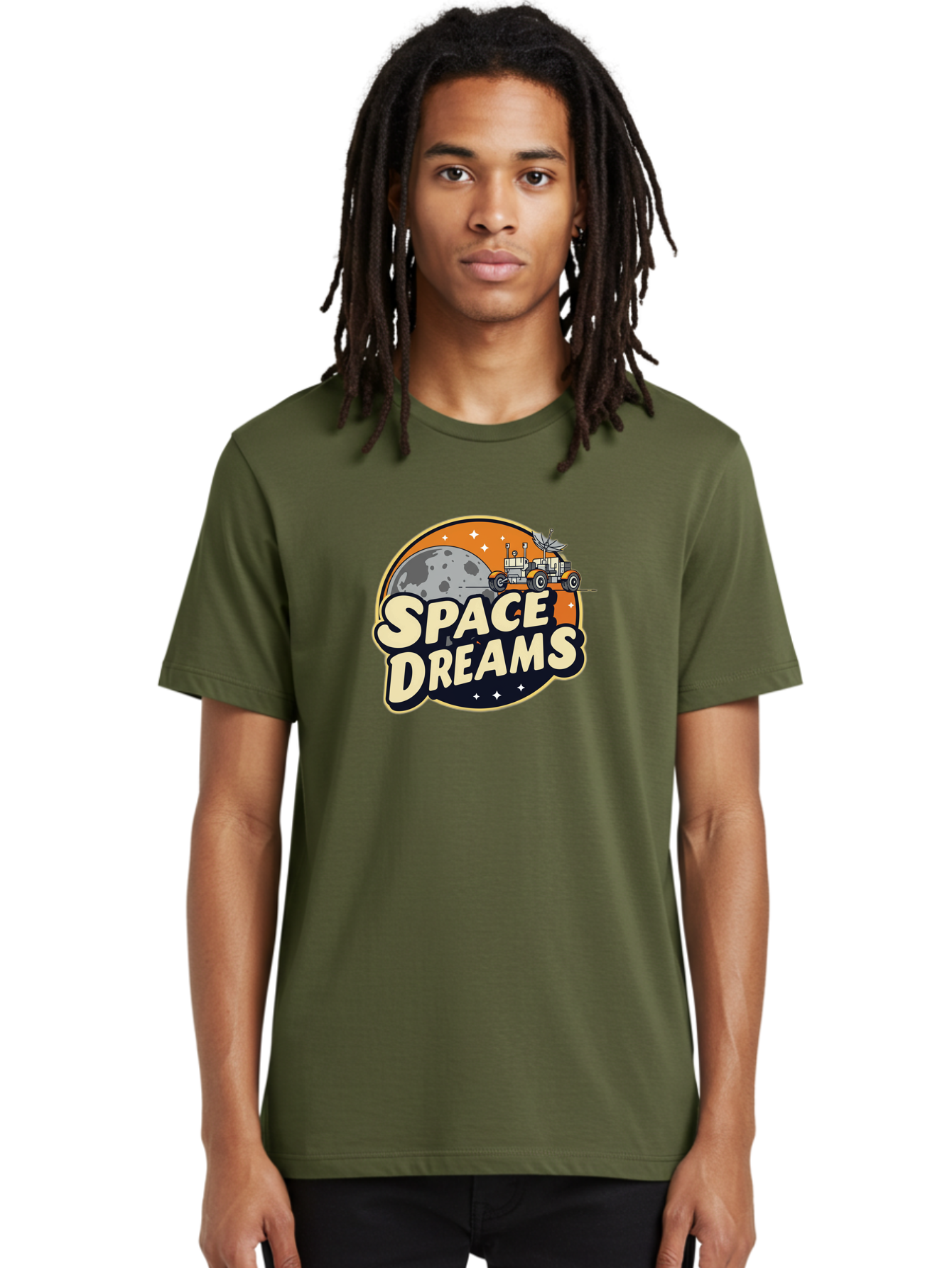 Space-Dreams-2 Men'S Graphic Tee, 100% Cotton, Comfortable Casual Summer Wear, Machine Washable, Vintage-Style Space Truck, Lunar Exploration, Space Travel, Retro-Futuristic Design, Celestial Adventure, Moon Landscape, Tractor In Space, Stars, Bad658