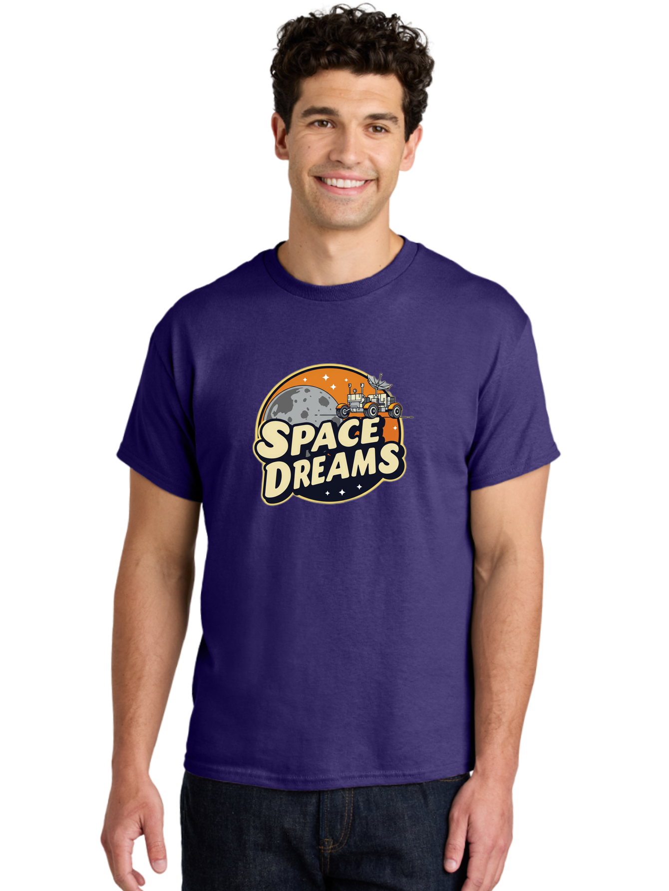 Space-Dreams-2 Men'S Graphic Tee, 100% Cotton, Comfortable Casual Summer Wear, Machine Washable, Vintage-Style Space Truck, Lunar Exploration, Space Travel, Retro-Futuristic Design, Celestial Adventure, Moon Landscape, Tractor In Space, Stars, Bad658
