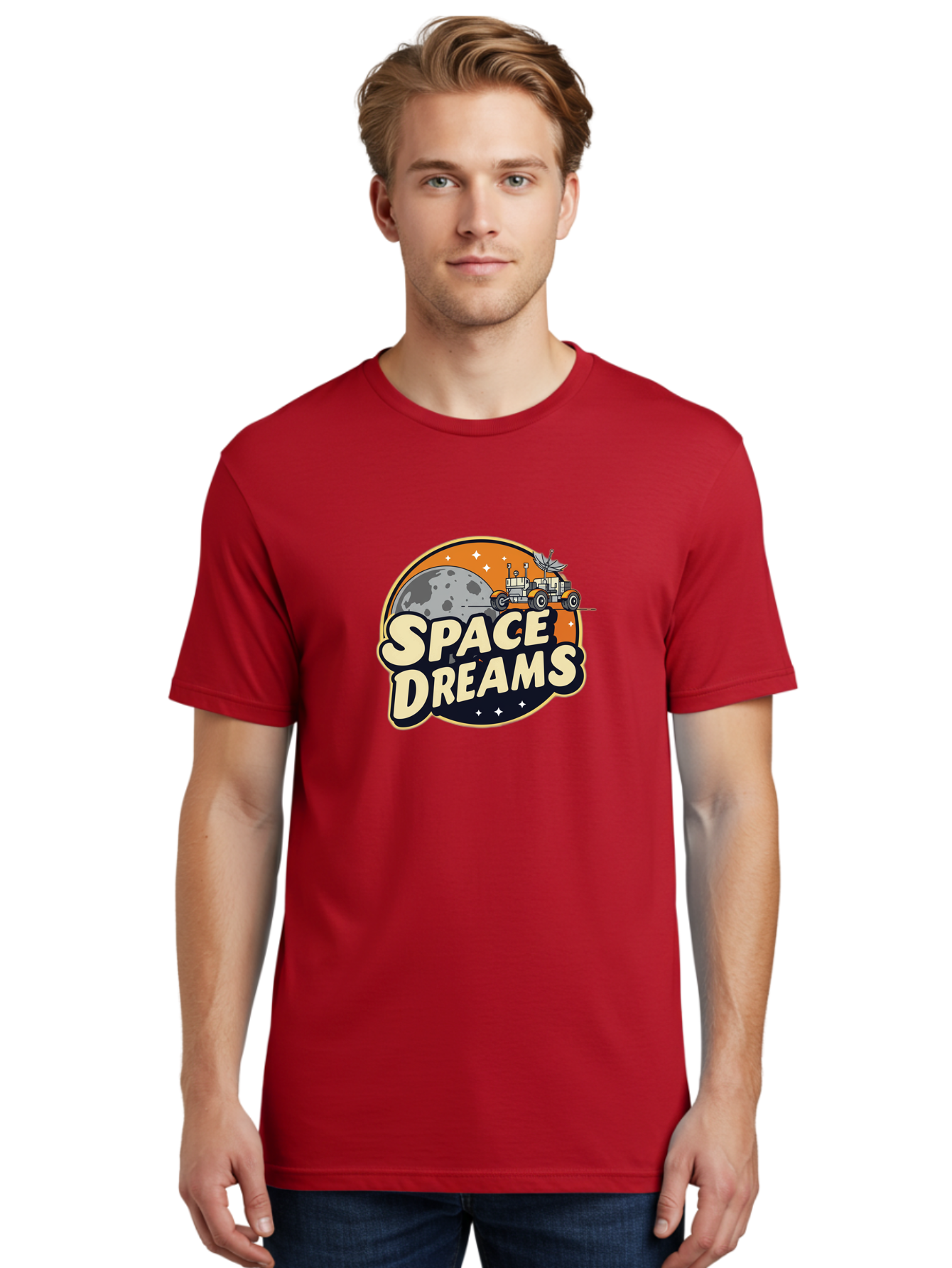 Space-Dreams-2 Men'S Graphic Tee, 100% Cotton, Comfortable Casual Summer Wear, Machine Washable, Vintage-Style Space Truck, Lunar Exploration, Space Travel, Retro-Futuristic Design, Celestial Adventure, Moon Landscape, Tractor In Space, Stars, Bad658