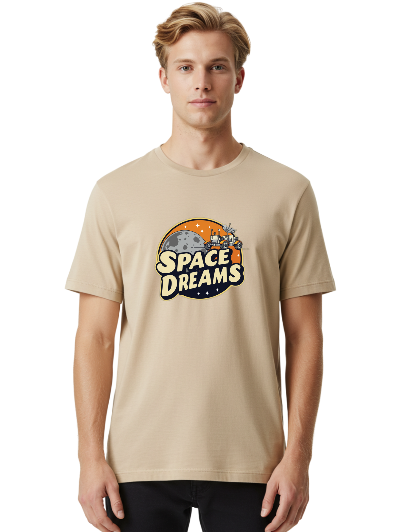 Space-Dreams-2 Men'S Graphic Tee, 100% Cotton, Comfortable Casual Summer Wear, Machine Washable, Vintage-Style Space Truck, Lunar Exploration, Space Travel, Retro-Futuristic Design, Celestial Adventure, Moon Landscape, Tractor In Space, Stars, Bad658