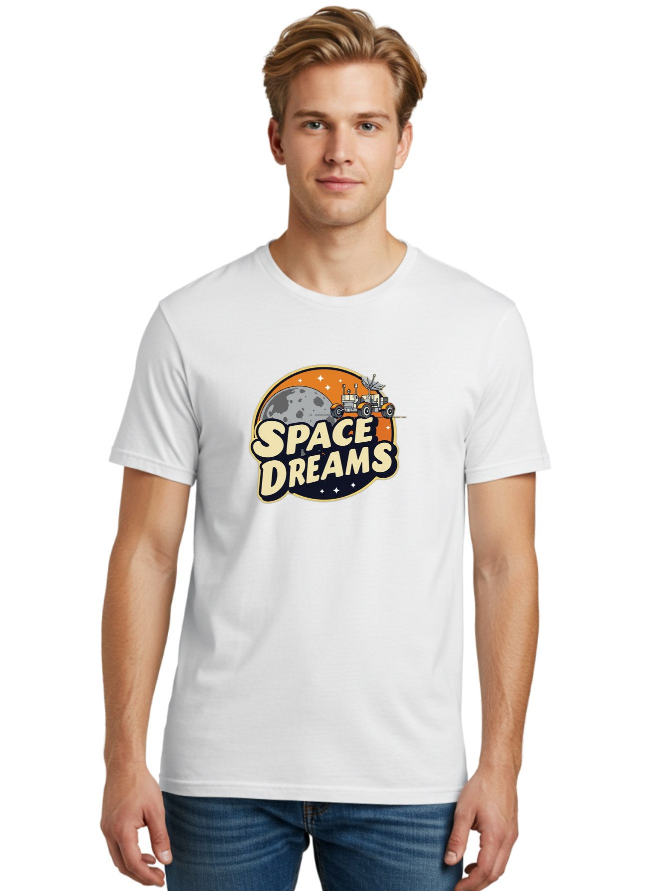 Space-Dreams-2 Men'S Graphic Tee, 100% Cotton, Comfortable Casual Summer Wear, Machine Washable, Vintage-Style Space Truck, Lunar Exploration, Space Travel, Retro-Futuristic Design, Celestial Adventure, Moon Landscape, Tractor In Space, Stars, Bad658