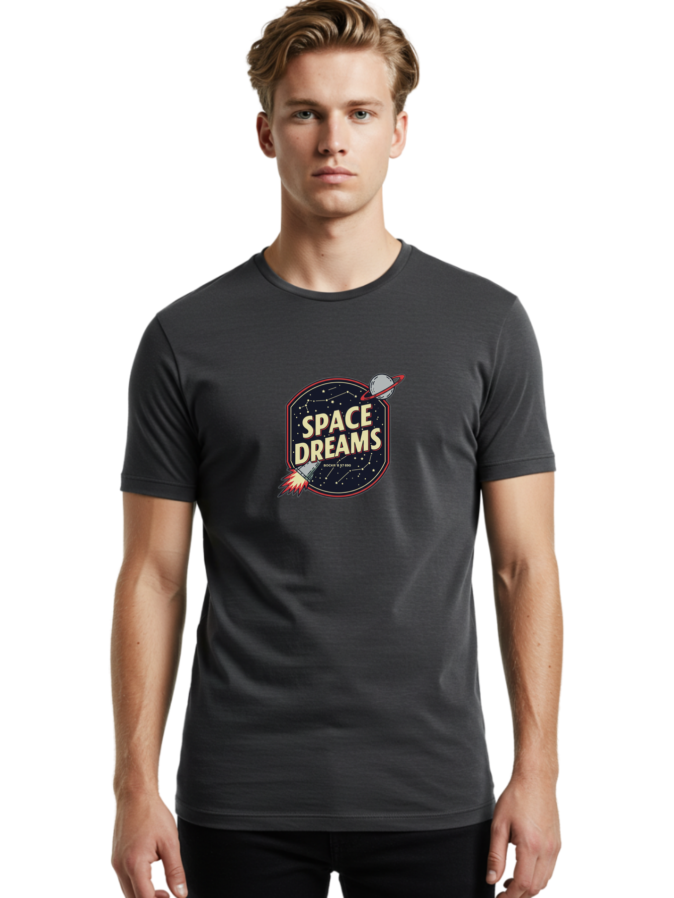 Space-Dreams-3 Men'S Graphic Tee, 100% Cotton, Comfortable Casual Summer Wear, Machine Washable, Space Dreams, Rocket Ship, Stars, Constellations, Planet, Galaxy, Outer Space, Futuristic Design, Retro Style, Vintage Vibe, Space Travel Bad659