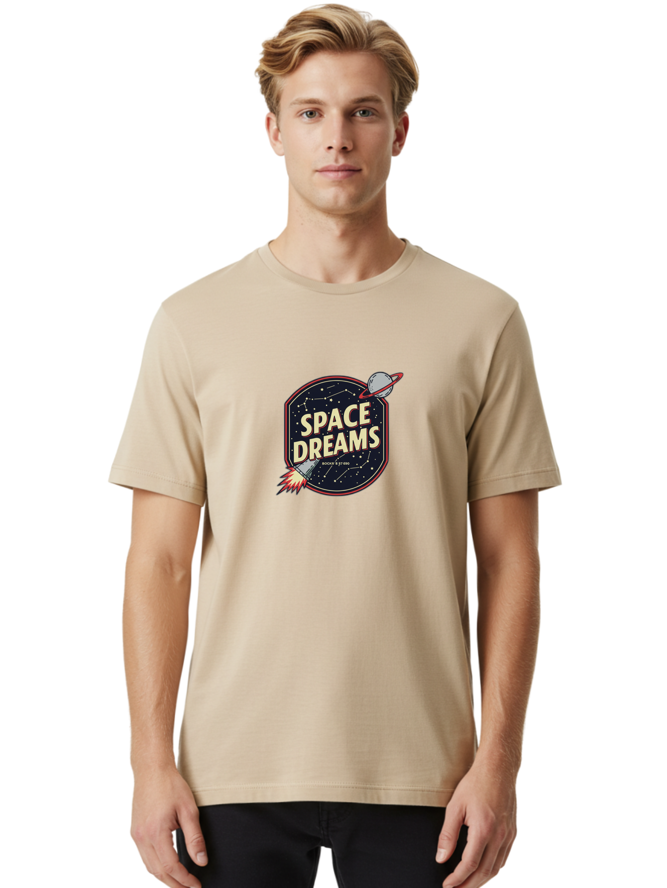 Space-Dreams-3 Men'S Graphic Tee, 100% Cotton, Comfortable Casual Summer Wear, Machine Washable, Space Dreams, Rocket Ship, Stars, Constellations, Planet, Galaxy, Outer Space, Futuristic Design, Retro Style, Vintage Vibe, Space Travel Bad659