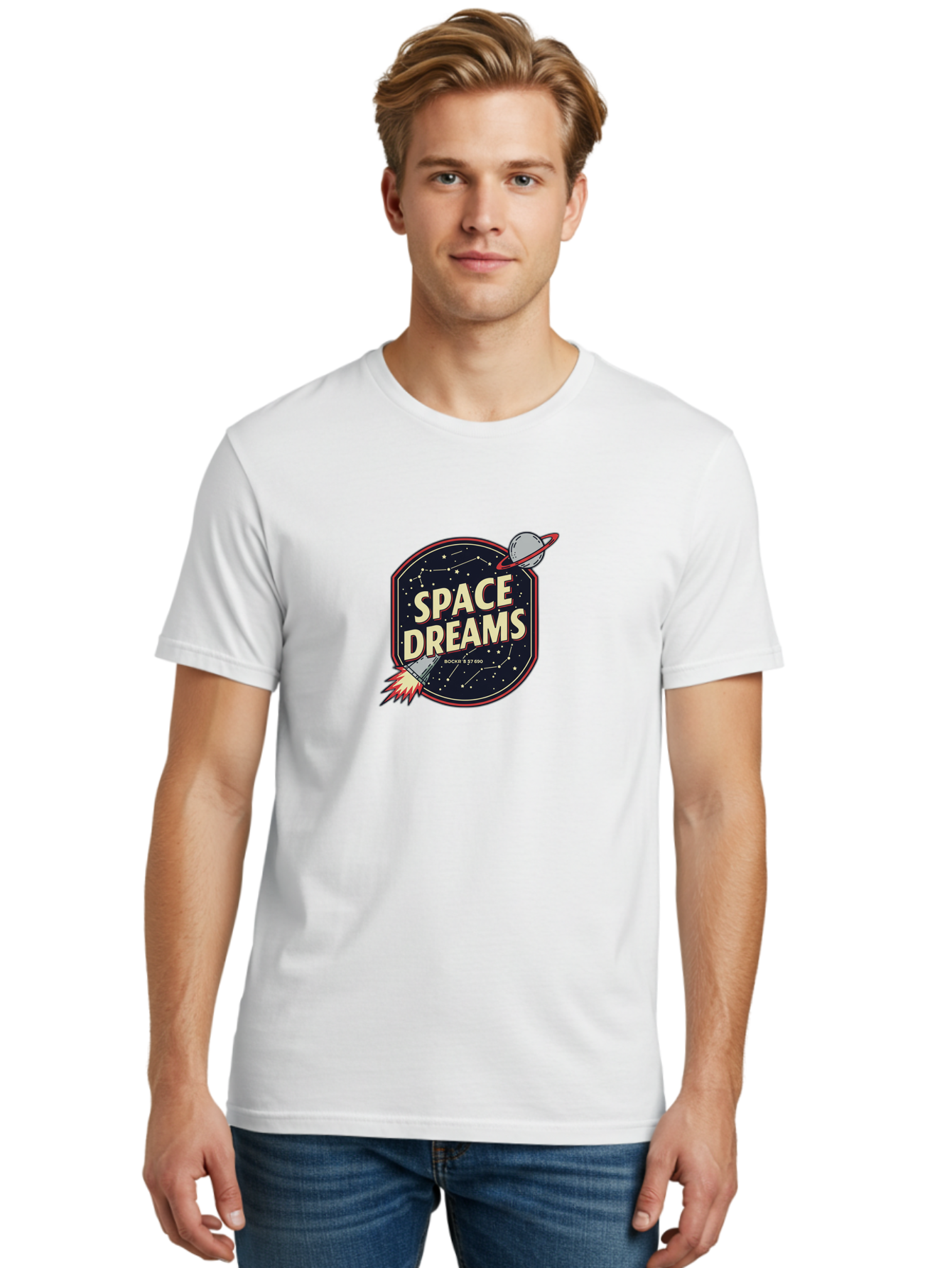 Space-Dreams-3 Men'S Graphic Tee, 100% Cotton, Comfortable Casual Summer Wear, Machine Washable, Space Dreams, Rocket Ship, Stars, Constellations, Planet, Galaxy, Outer Space, Futuristic Design, Retro Style, Vintage Vibe, Space Travel Bad659