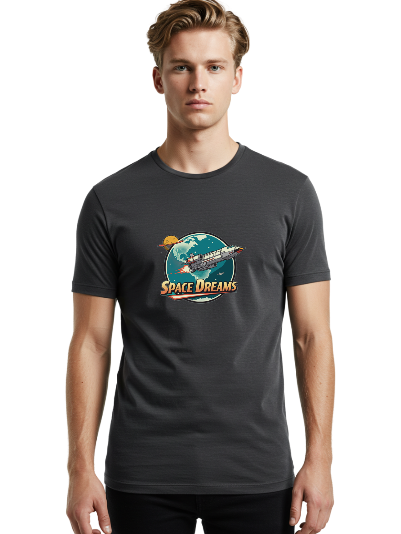 Space-Dreams-5 Men'S Graphic Tee, 100% Cotton, Comfortable Casual Summer Wear, Machine Washable, Spacecraft Flying Around The Earth, Planets, Stars, Space Travel, Adventure, Galaxy Exploration, Cosmic Journey, Futuristic, Sci-Fi Bad661