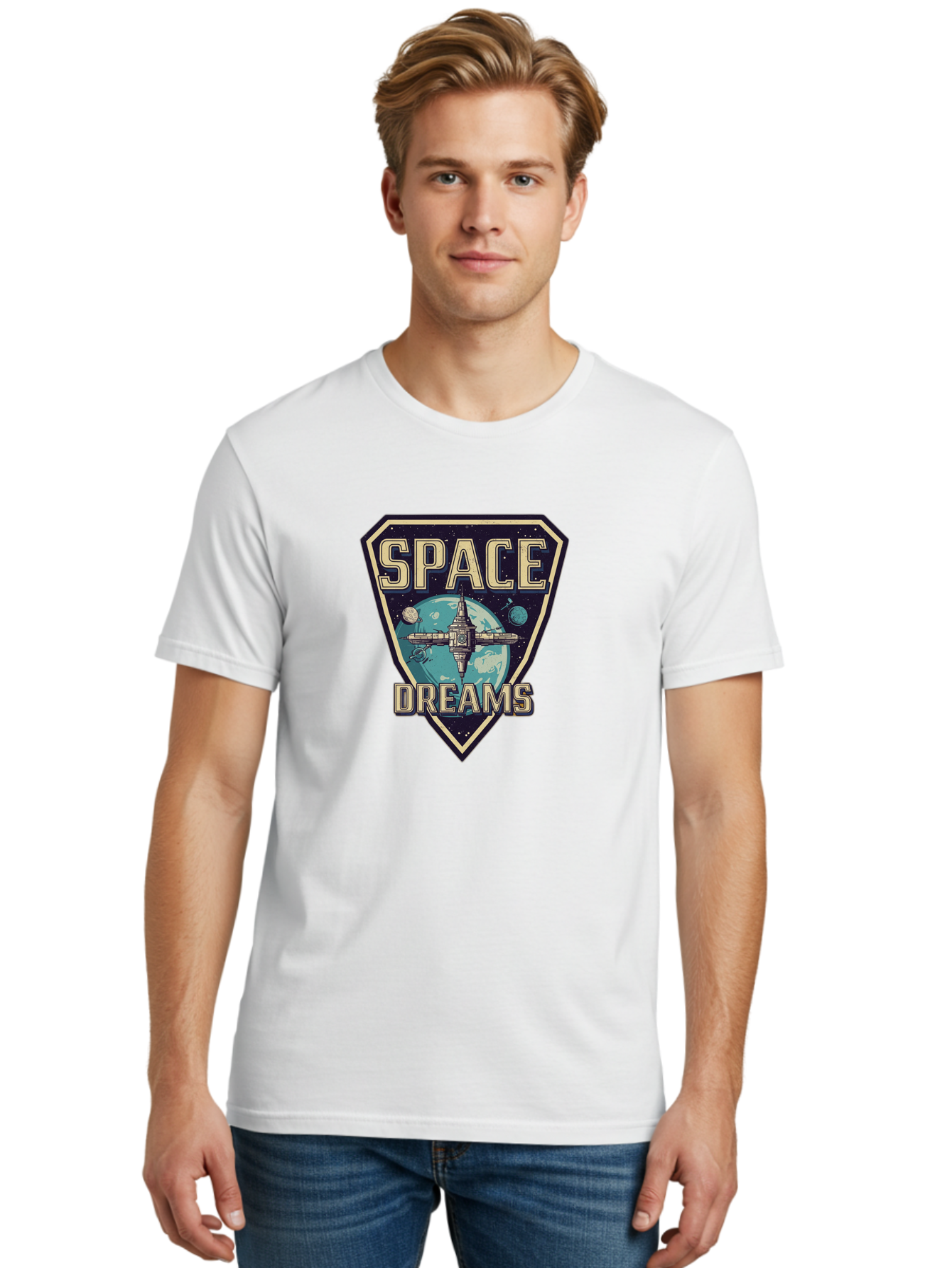 Space-Dreams-7 Men'S Graphic Tee, 100% Cotton, Comfortable Casual Summer Wear, Machine Washable, Space Exploration, Futuristic Design, Sci-Fi Elements, Spaceship Orbiting Earth, Planetary Bodies, Dreams, Space Dreams Bad663