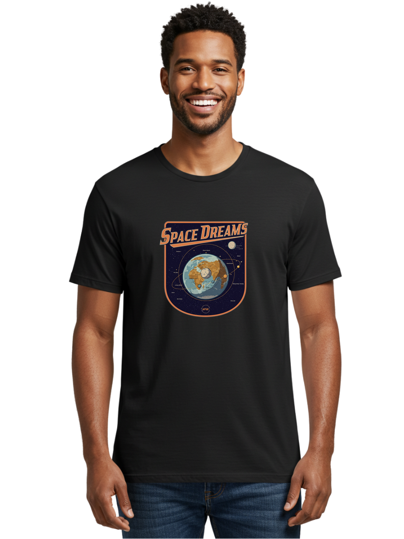 Space-Dreams-8 Men'S Graphic Tee, 100% Cotton, Comfortable Casual Summer Wear, Machine Washable, Space Dreams Poster, Satellite Orbits, Moon Phases, Earth From Space, Celestial Navigation, Astronomy Art, Vintage Style, Retro Futurism, Bad664