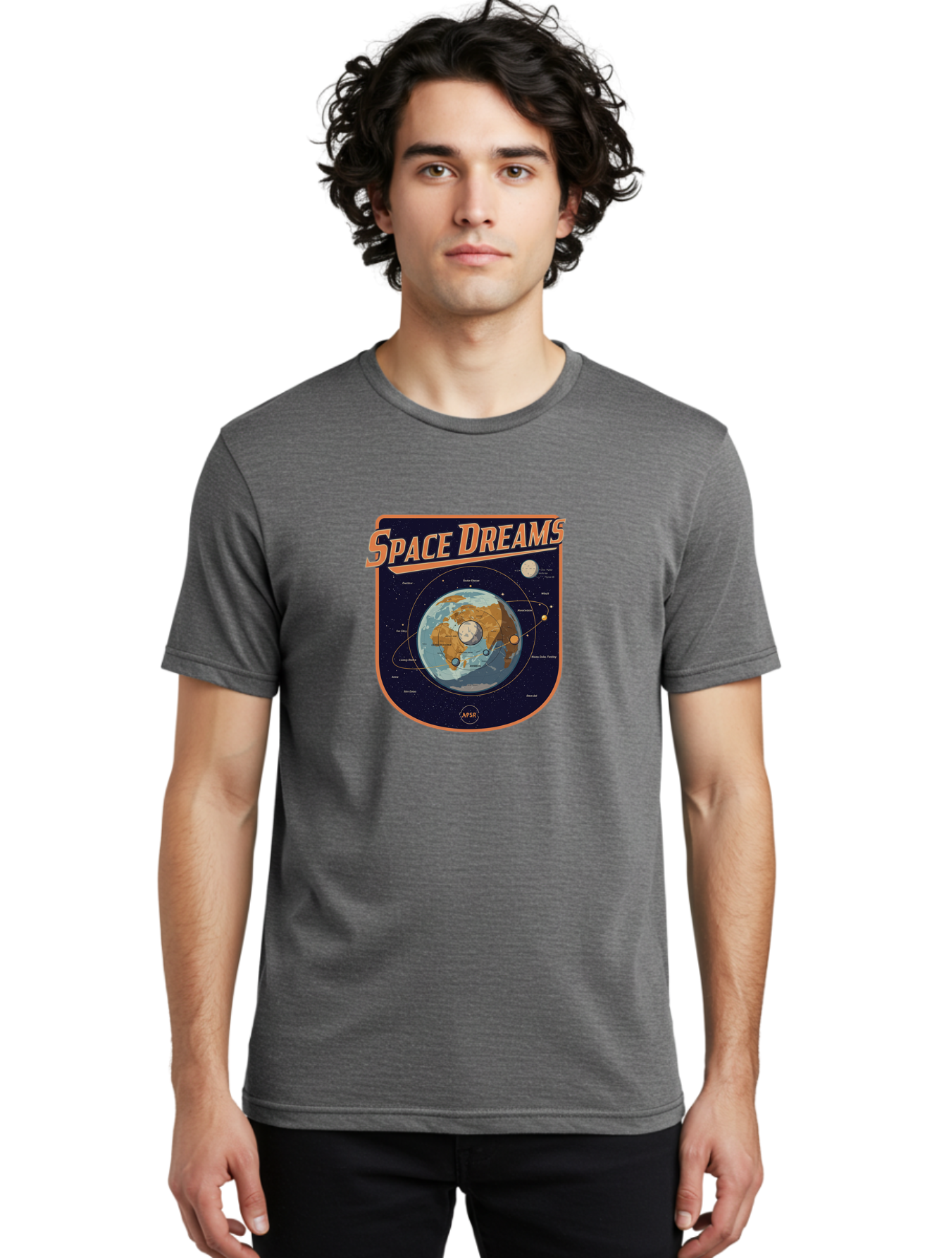 Space-Dreams-8 Men'S Graphic Tee, 100% Cotton, Comfortable Casual Summer Wear, Machine Washable, Space Dreams Poster, Satellite Orbits, Moon Phases, Earth From Space, Celestial Navigation, Astronomy Art, Vintage Style, Retro Futurism, Bad664